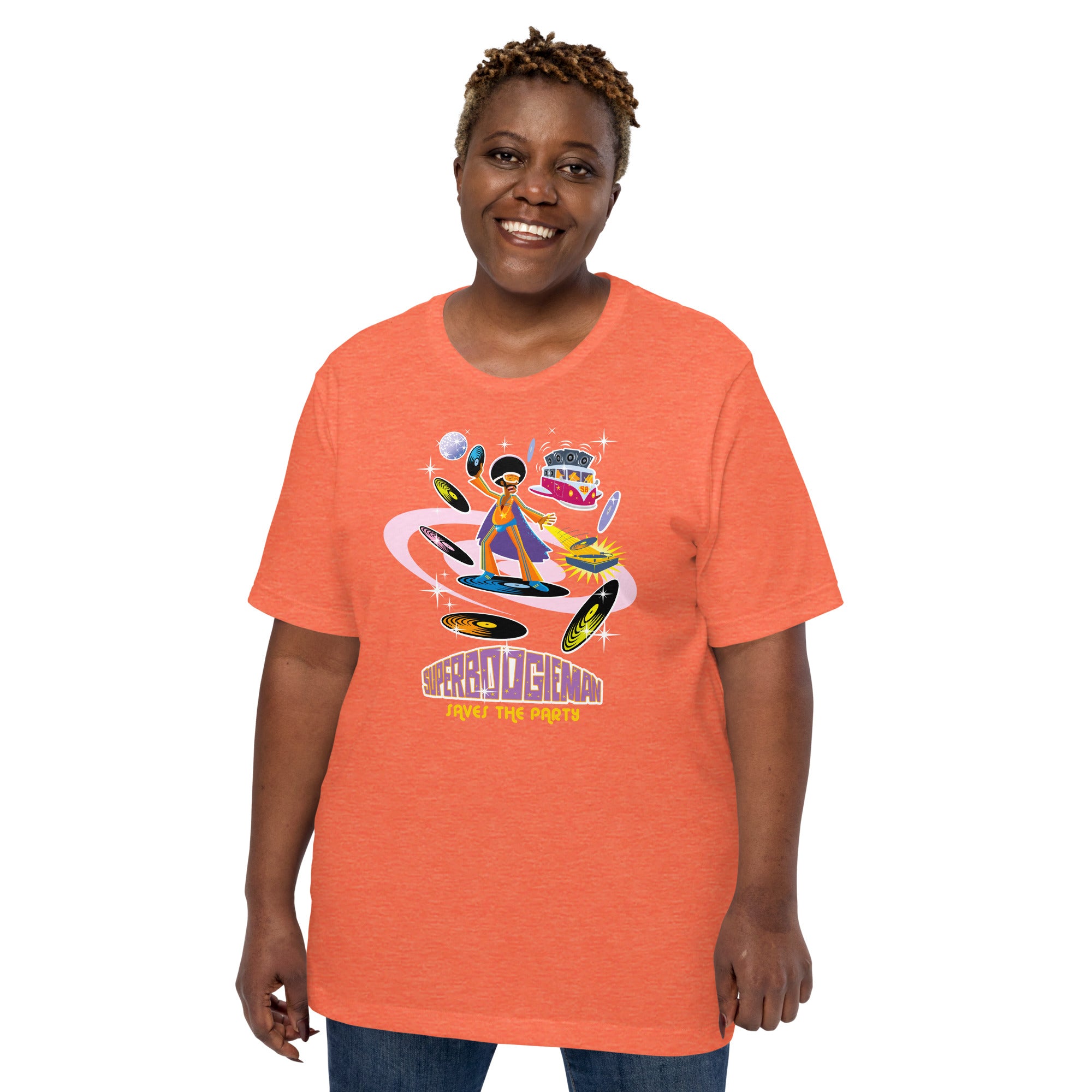 T-shirt en coton unisexe Superboogieman saves the party sur couleurs chinées vives