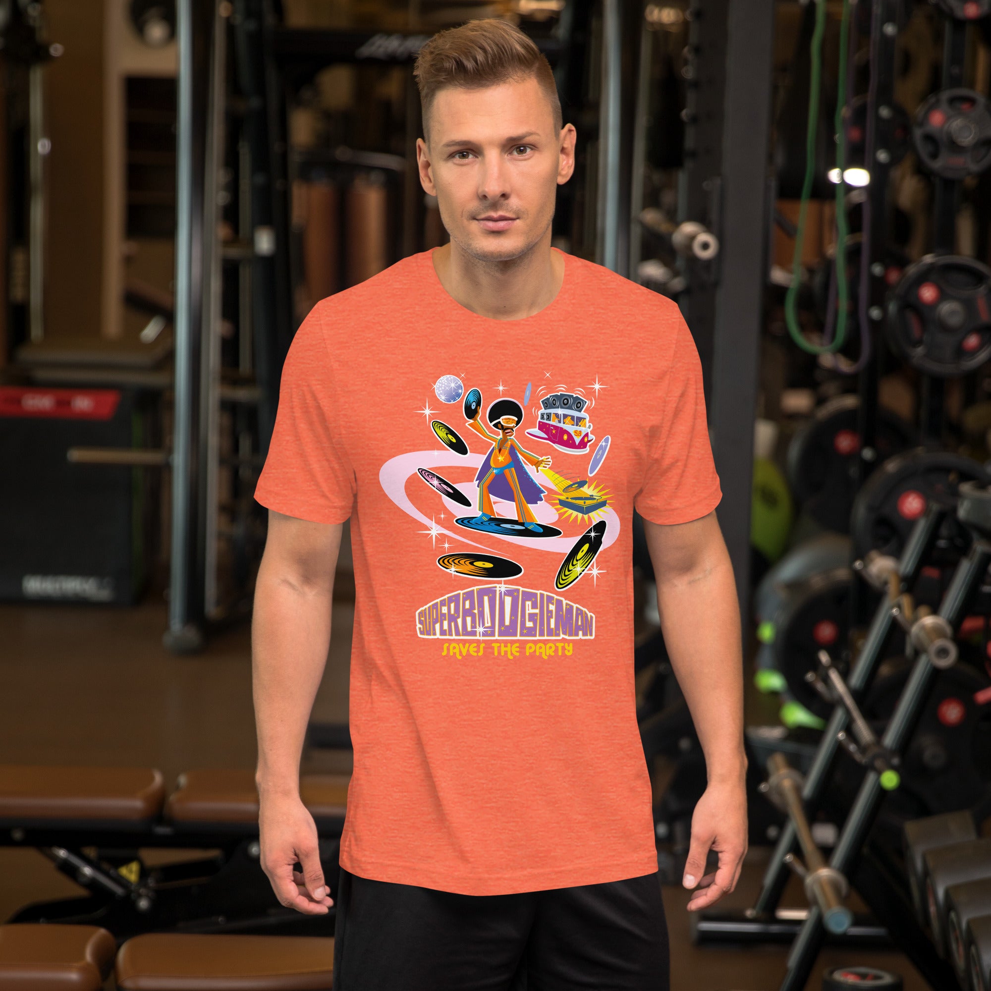 T-shirt en coton unisexe Superboogieman saves the party sur couleurs chinées vives