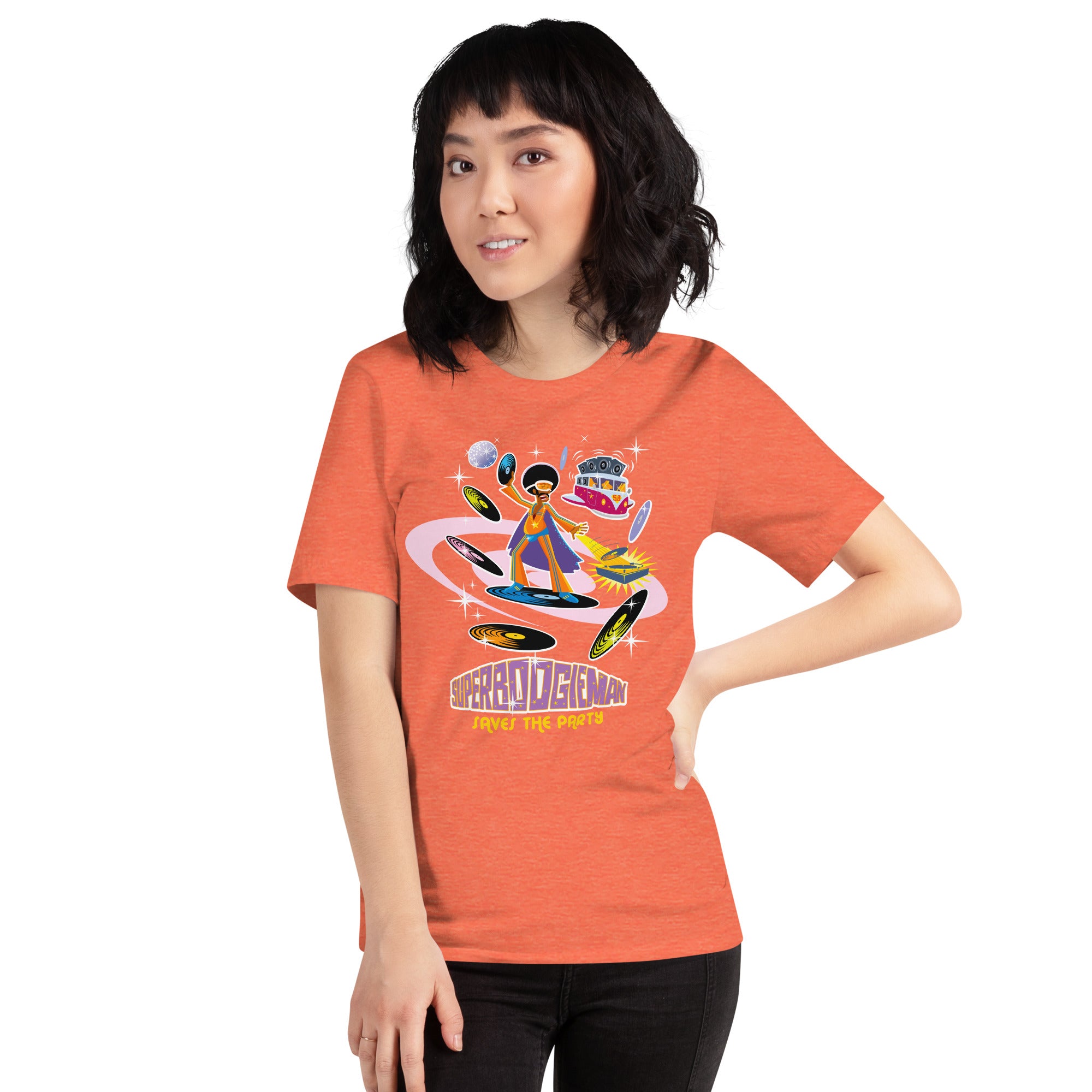 T-shirt en coton unisexe Superboogieman saves the party sur couleurs chinées vives