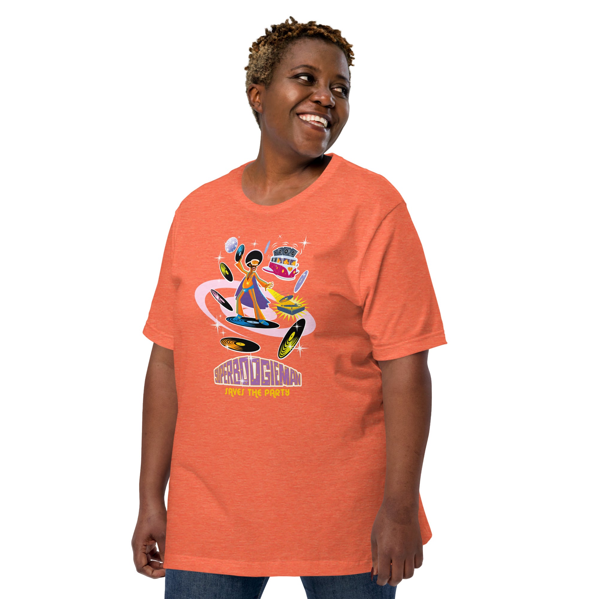 T-shirt en coton unisexe Superboogieman saves the party sur couleurs chinées vives