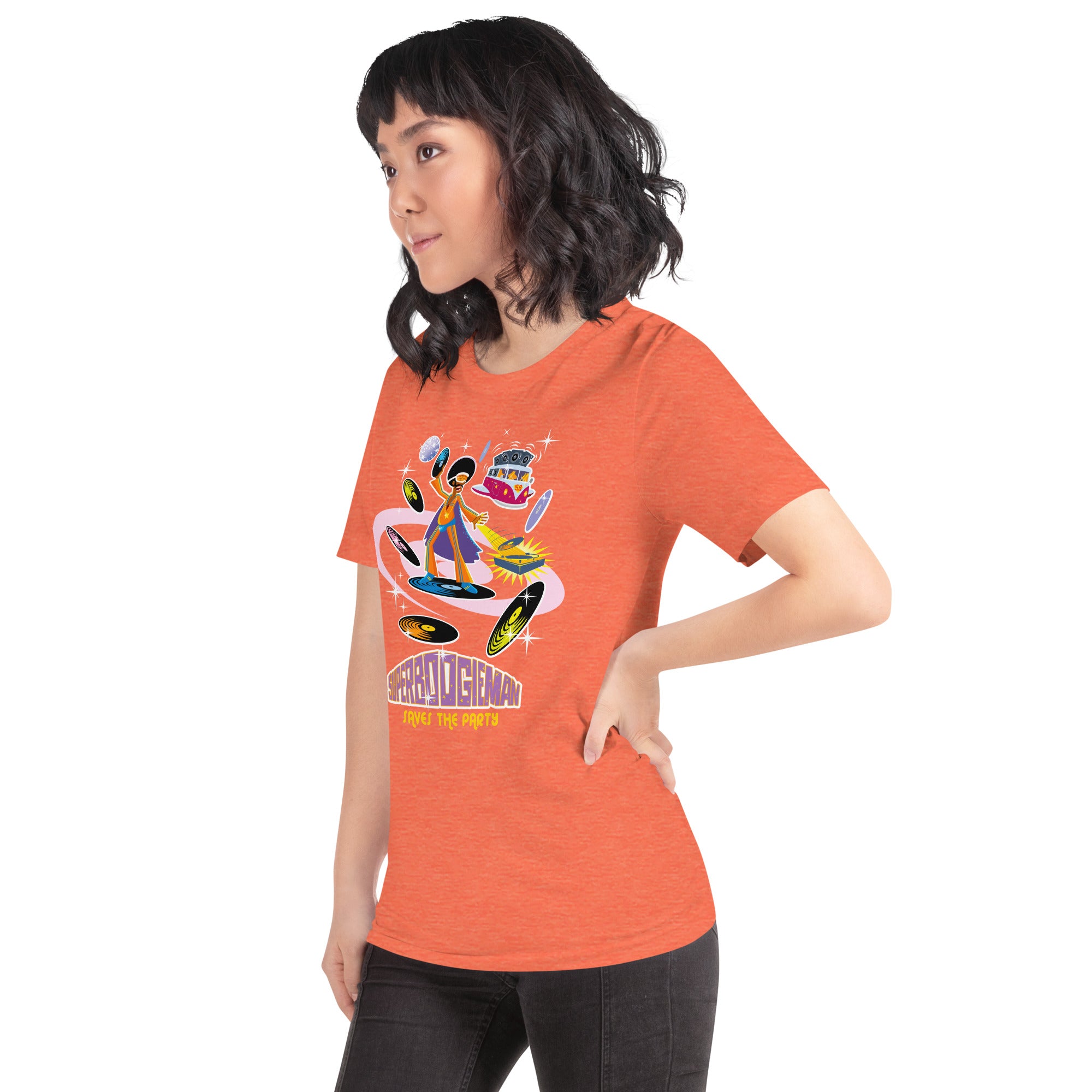 T-shirt en coton unisexe Superboogieman saves the party sur couleurs chinées vives
