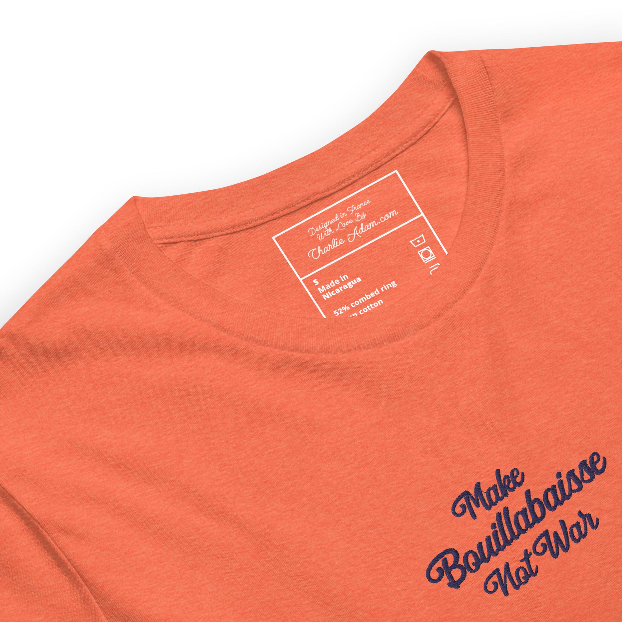 Unisex t-shirt Make Bouillabaisse Not War Text Only navy embroidered pattern on bright heather colors