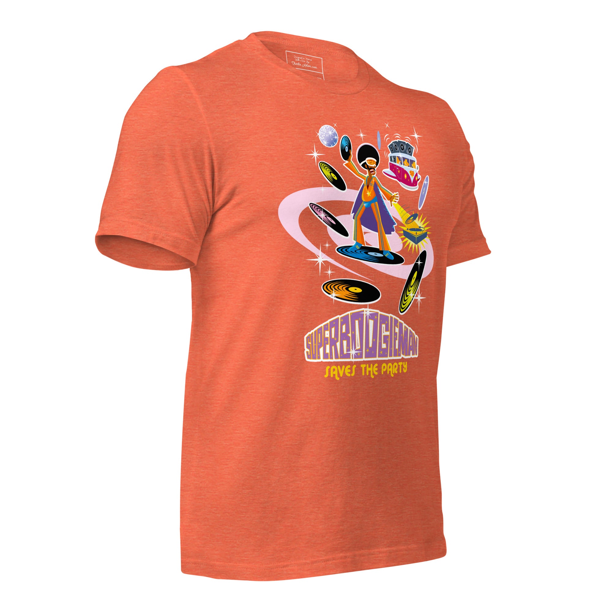 T-shirt en coton unisexe Superboogieman saves the party sur couleurs chinées vives