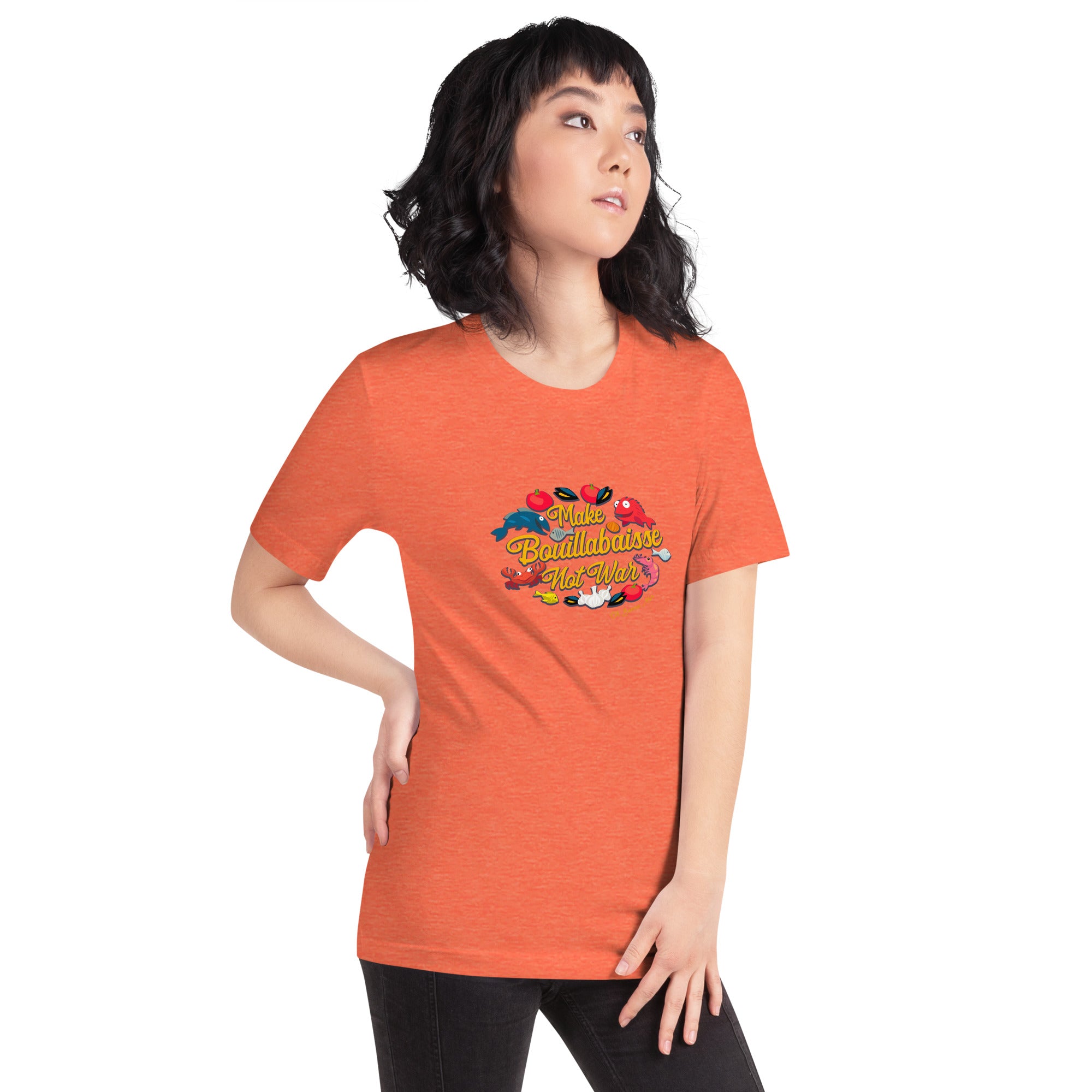T-shirt en coton unisexe Make Bouillabaisse Not War sur couleurs chinées vives