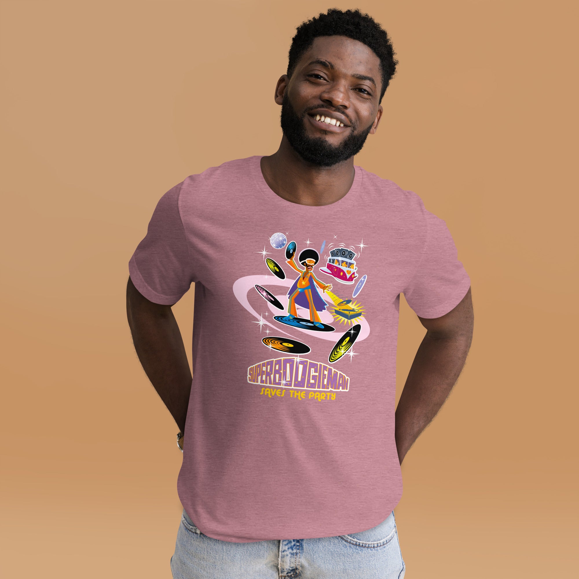 T-shirt en coton unisexe Superboogieman saves the party sur couleurs chinées vives