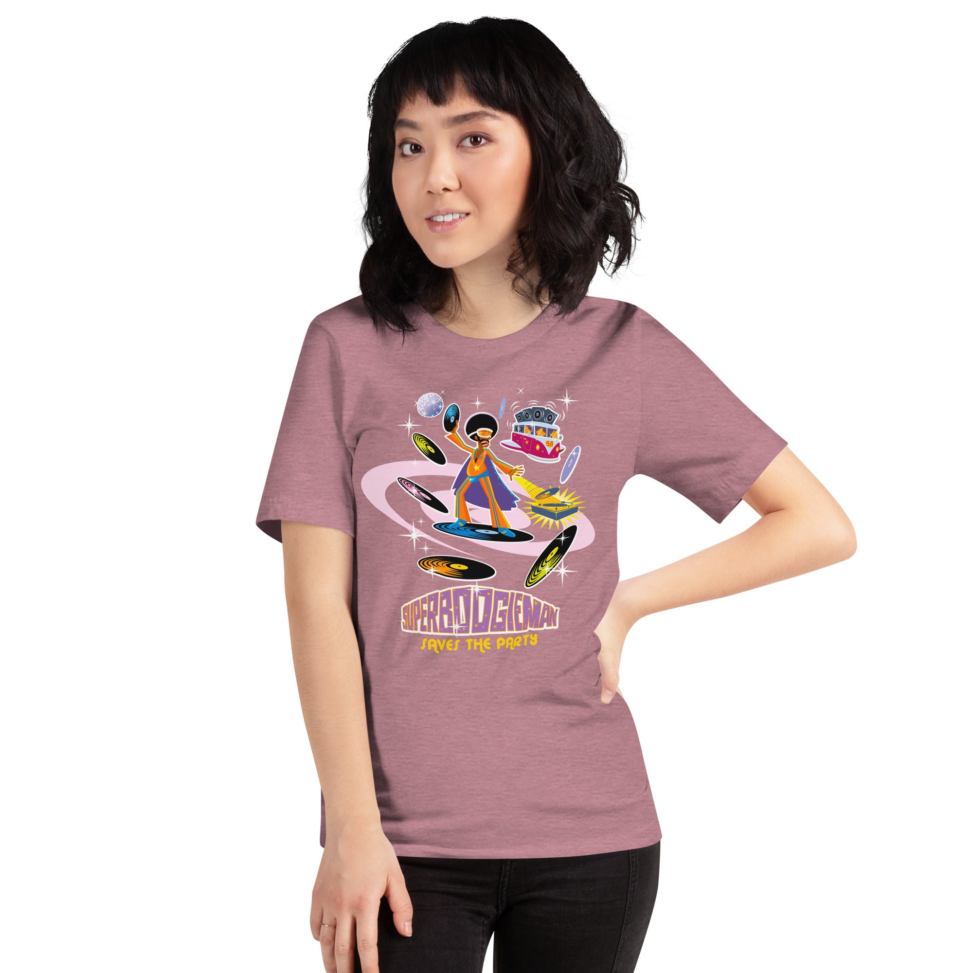 T-shirt en coton unisexe Superboogieman saves the party sur couleurs chinées vives