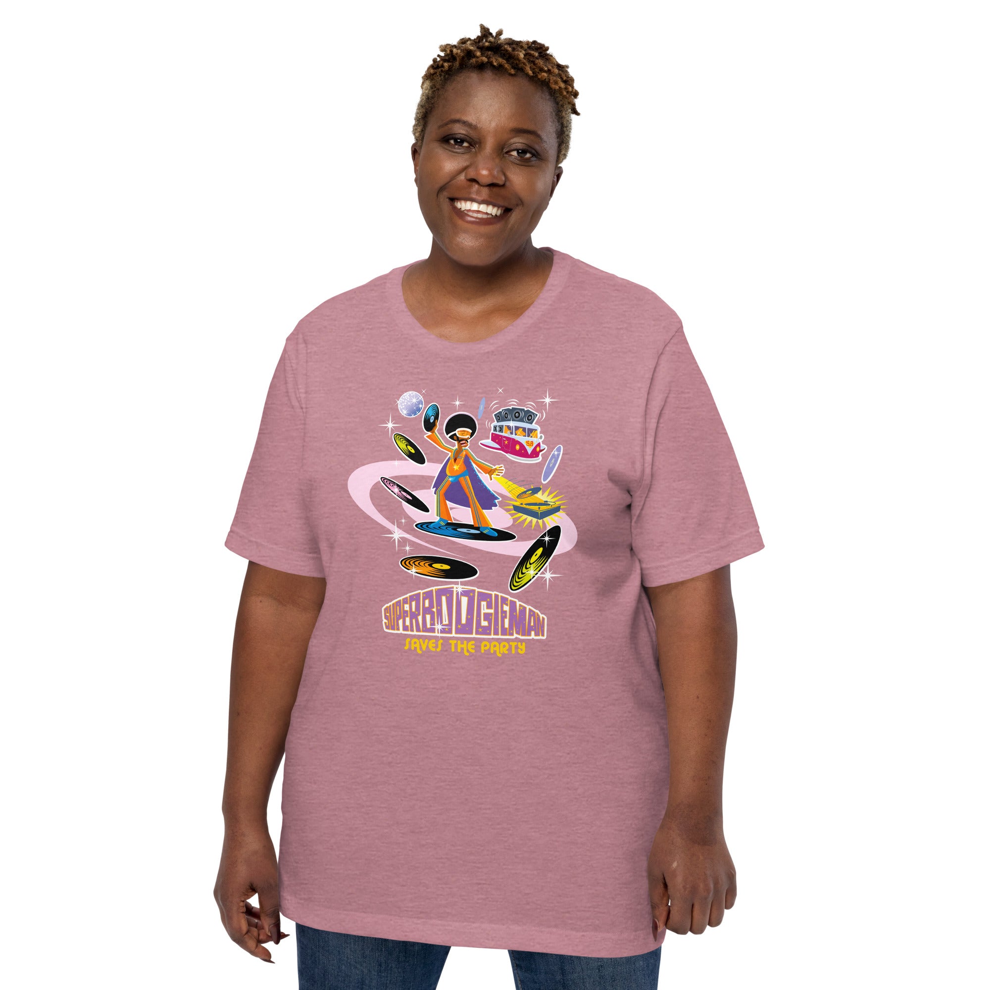 T-shirt en coton unisexe Superboogieman saves the party sur couleurs chinées vives