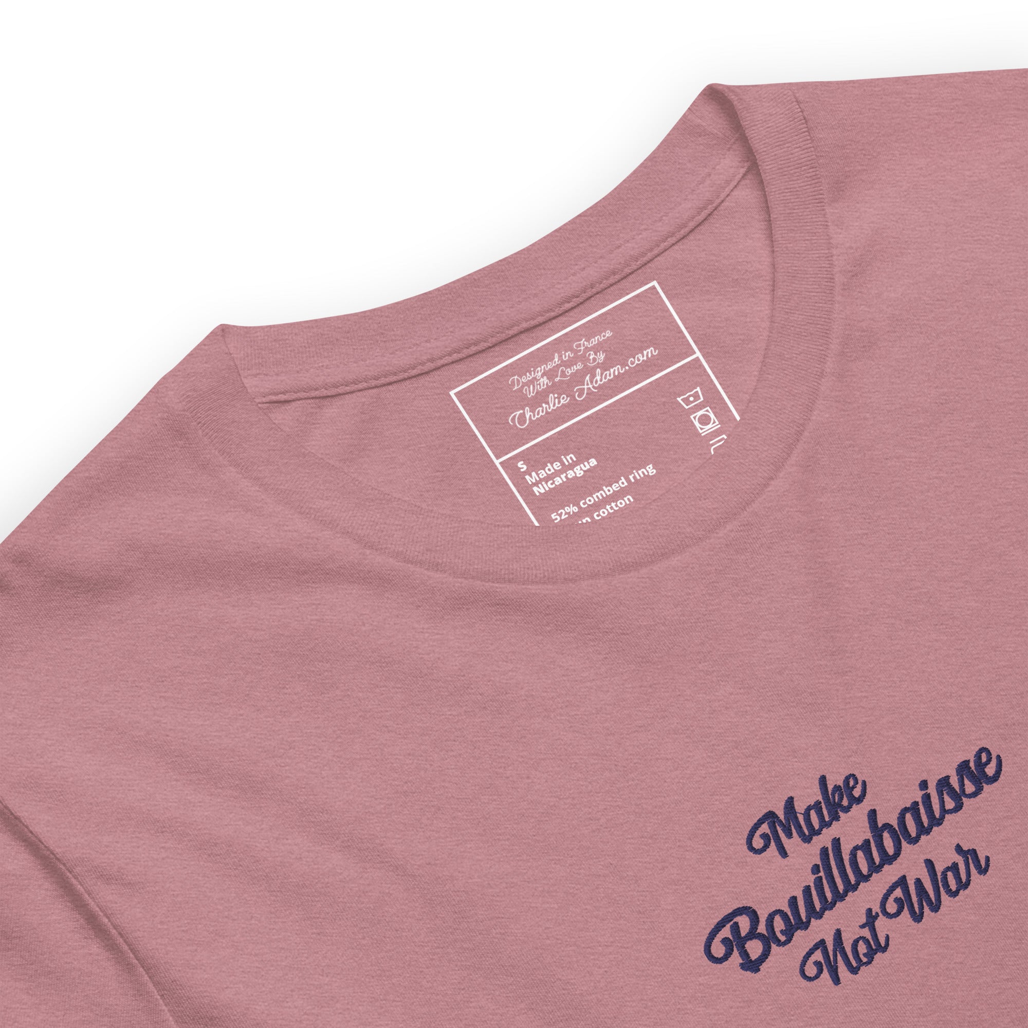 Unisex t-shirt Make Bouillabaisse Not War Text Only navy embroidered pattern on bright heather colors