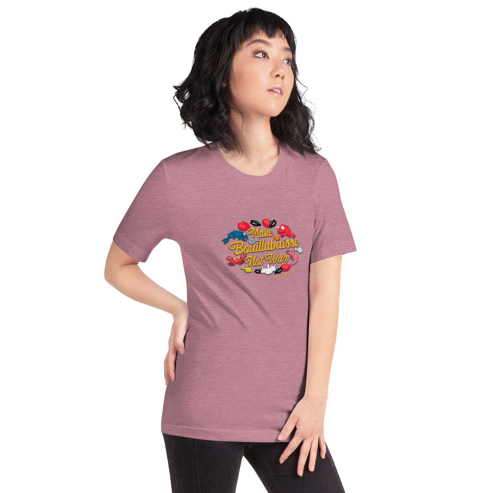 T-shirt en coton unisexe Make Bouillabaisse Not War sur couleurs chinées vives