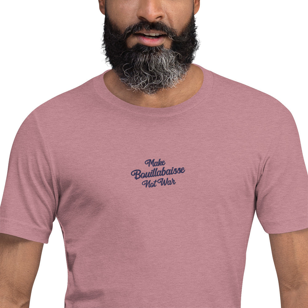 Unisex t-shirt Make Bouillabaisse Not War Text Only navy embroidered pattern on bright heather colors