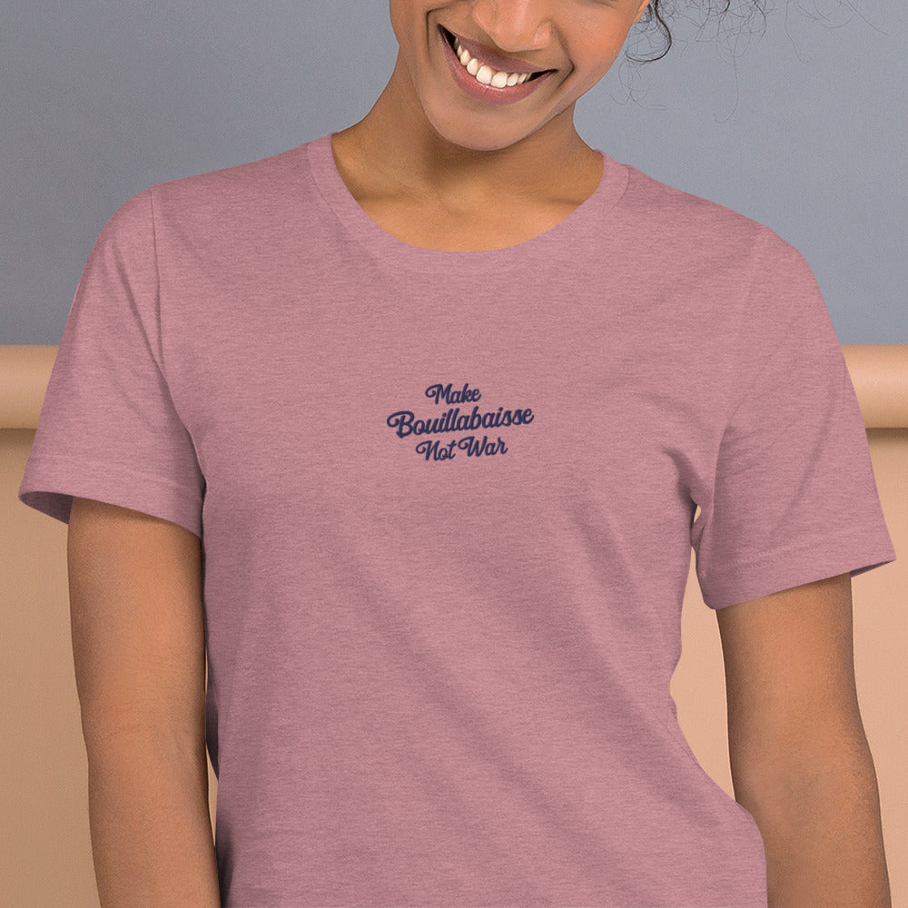 Unisex t-shirt Make Bouillabaisse Not War Text Only navy embroidered pattern on bright heather colors