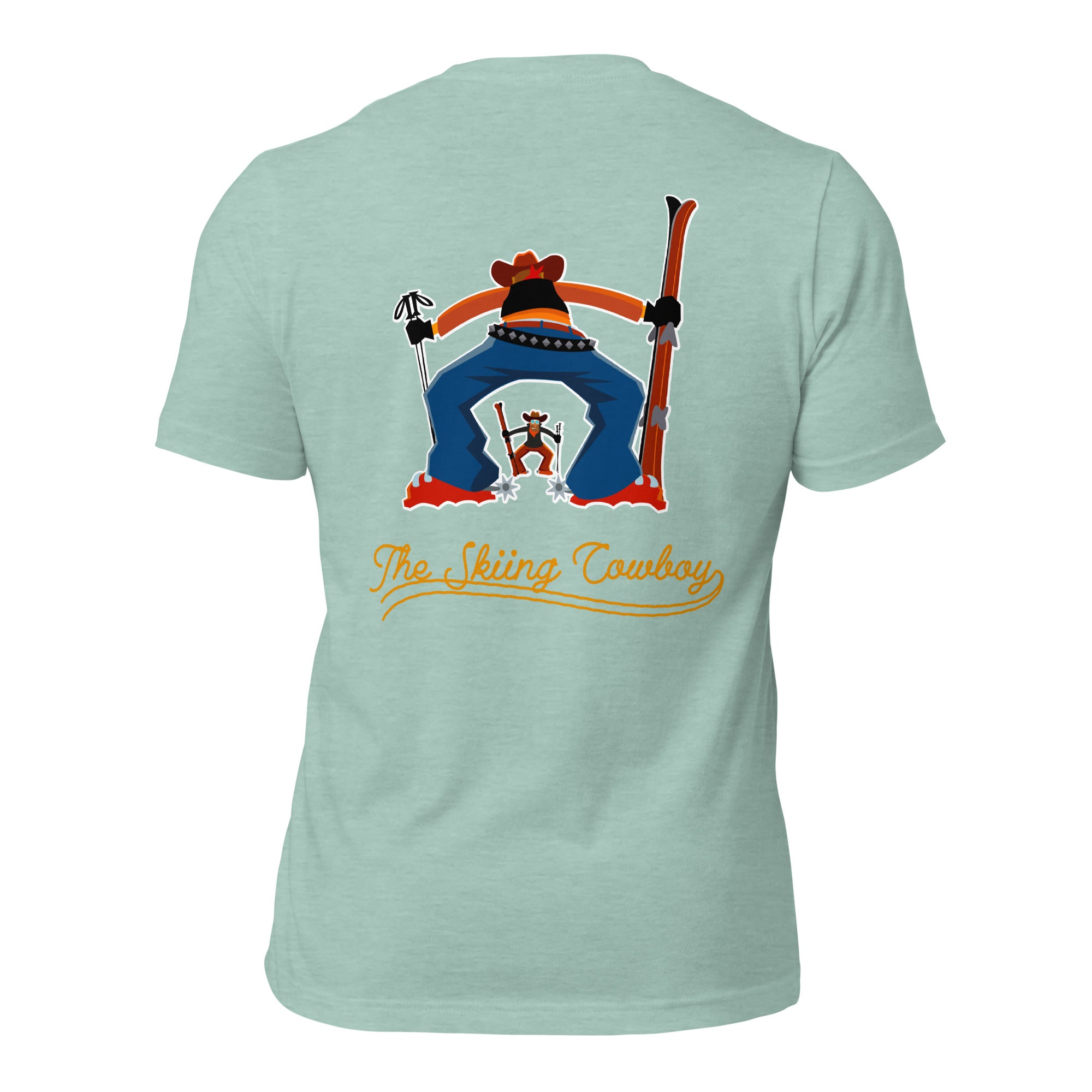 T-shirt en coton unisexe Skiing Cowboy (face) & Ski Fight at OK Corral Outline (dos) sur couleurs chinées claires