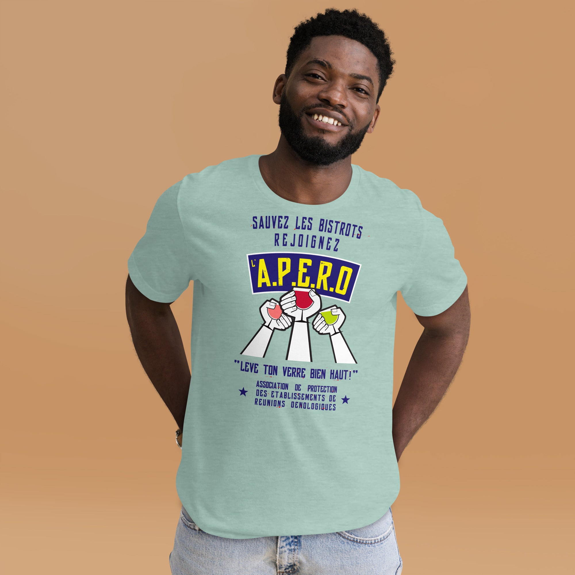 Unisex cotton t-shirt Sauvez les Bistrots, rejoignez l'Apéro on light heather colors
