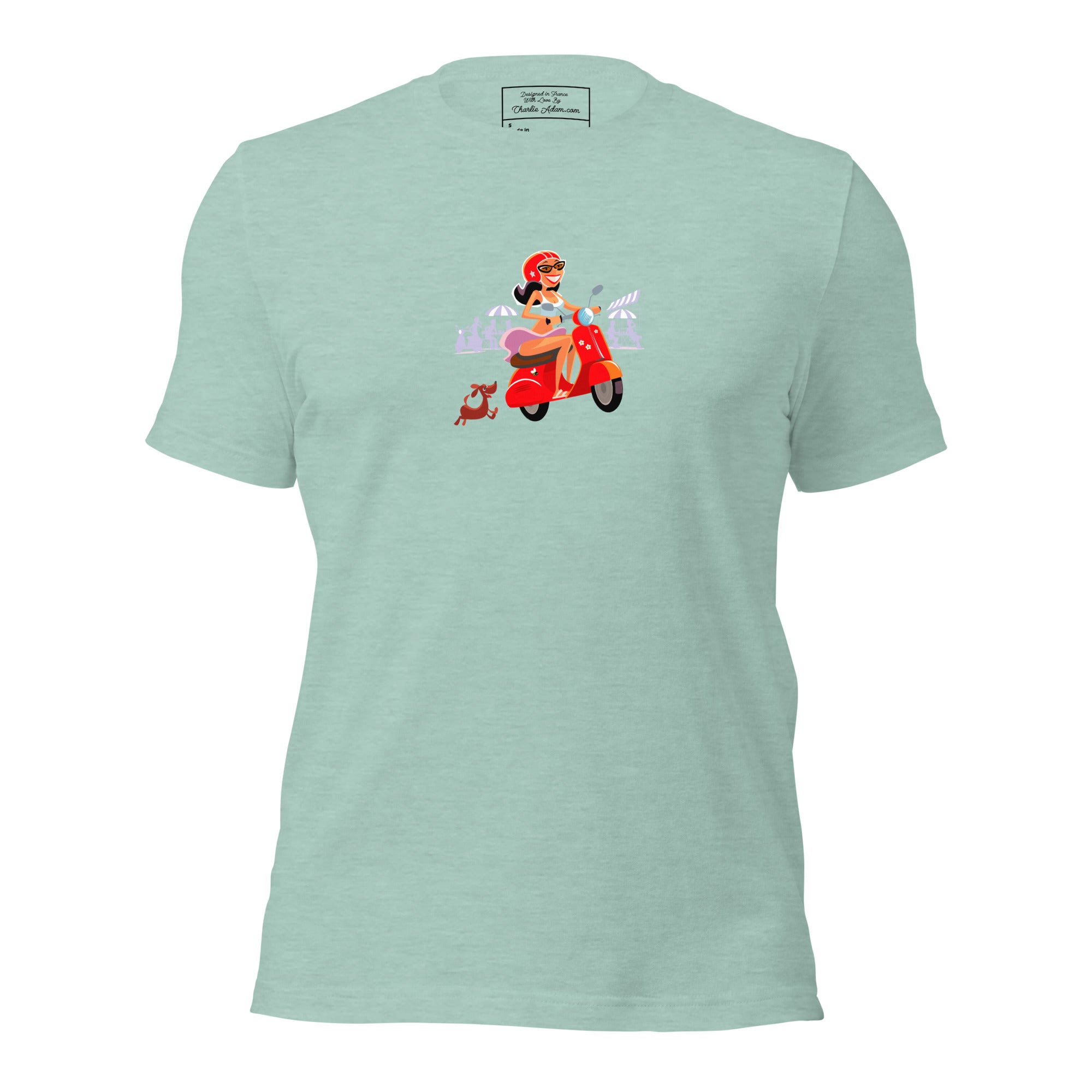 T-shirt en coton unisexe Vespa Girl in St Tropez sur couleurs chinées claires