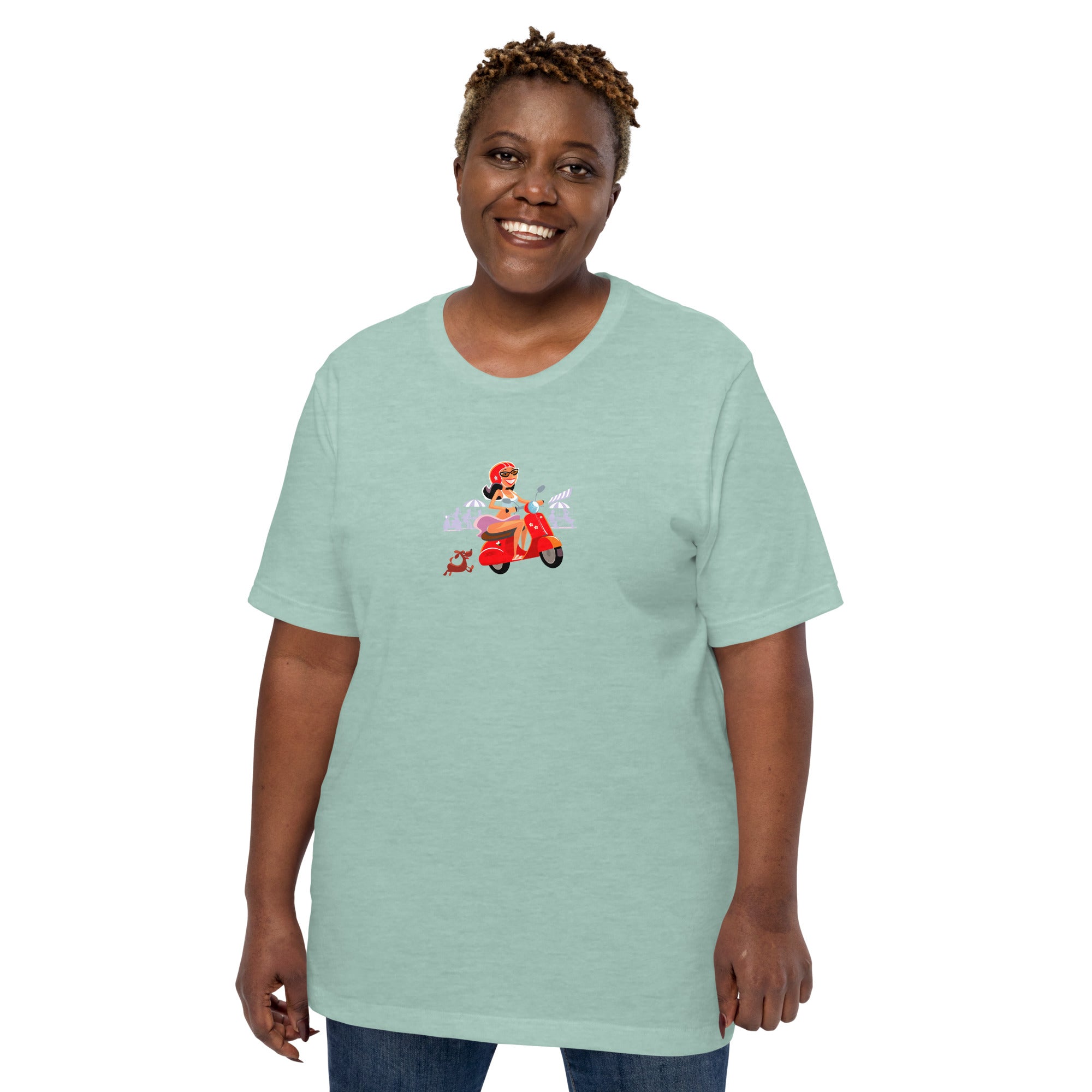 T-shirt en coton unisexe Vespa Girl in St Tropez sur couleurs chinées claires