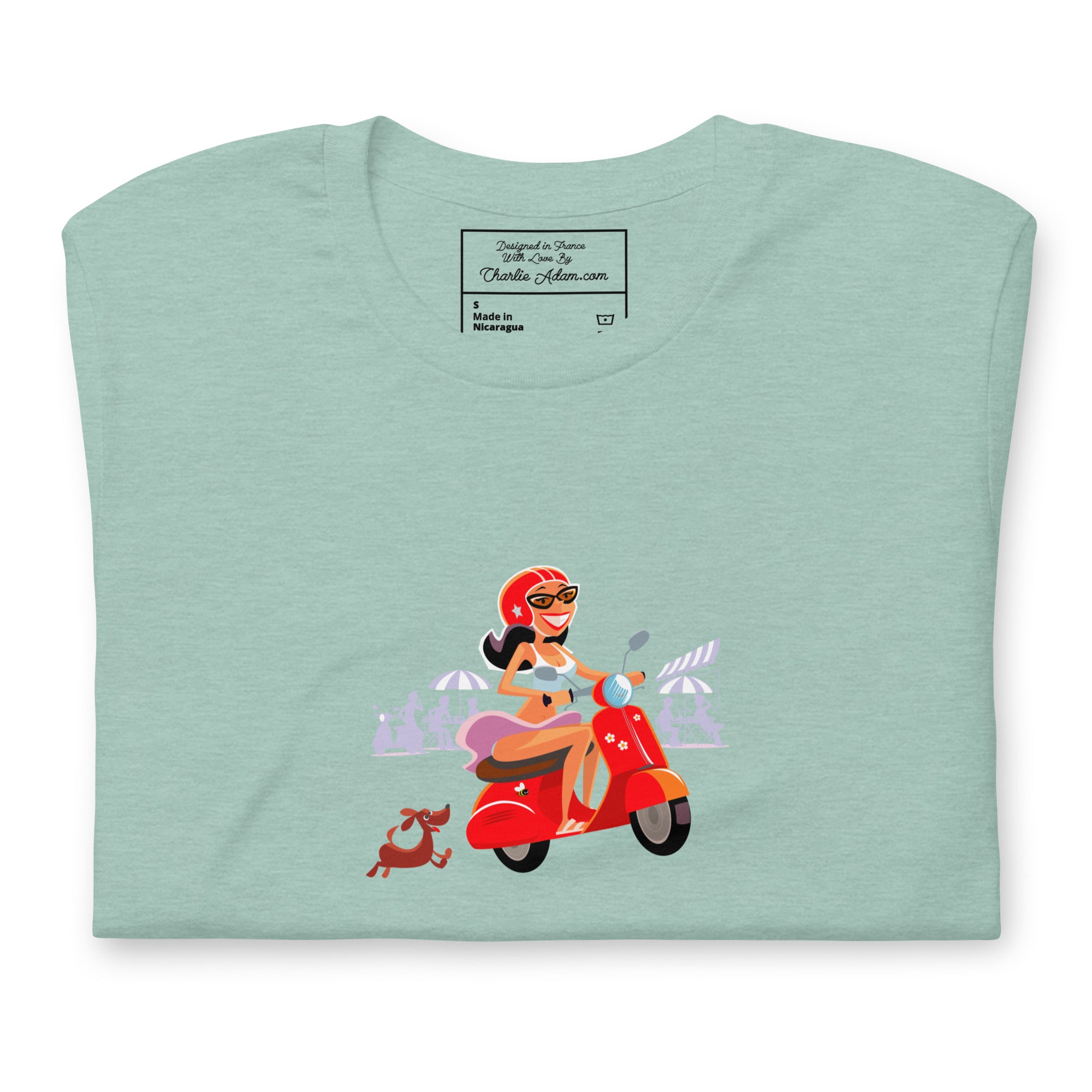 T-shirt en coton unisexe Vespa Girl in St Tropez sur couleurs chinées claires