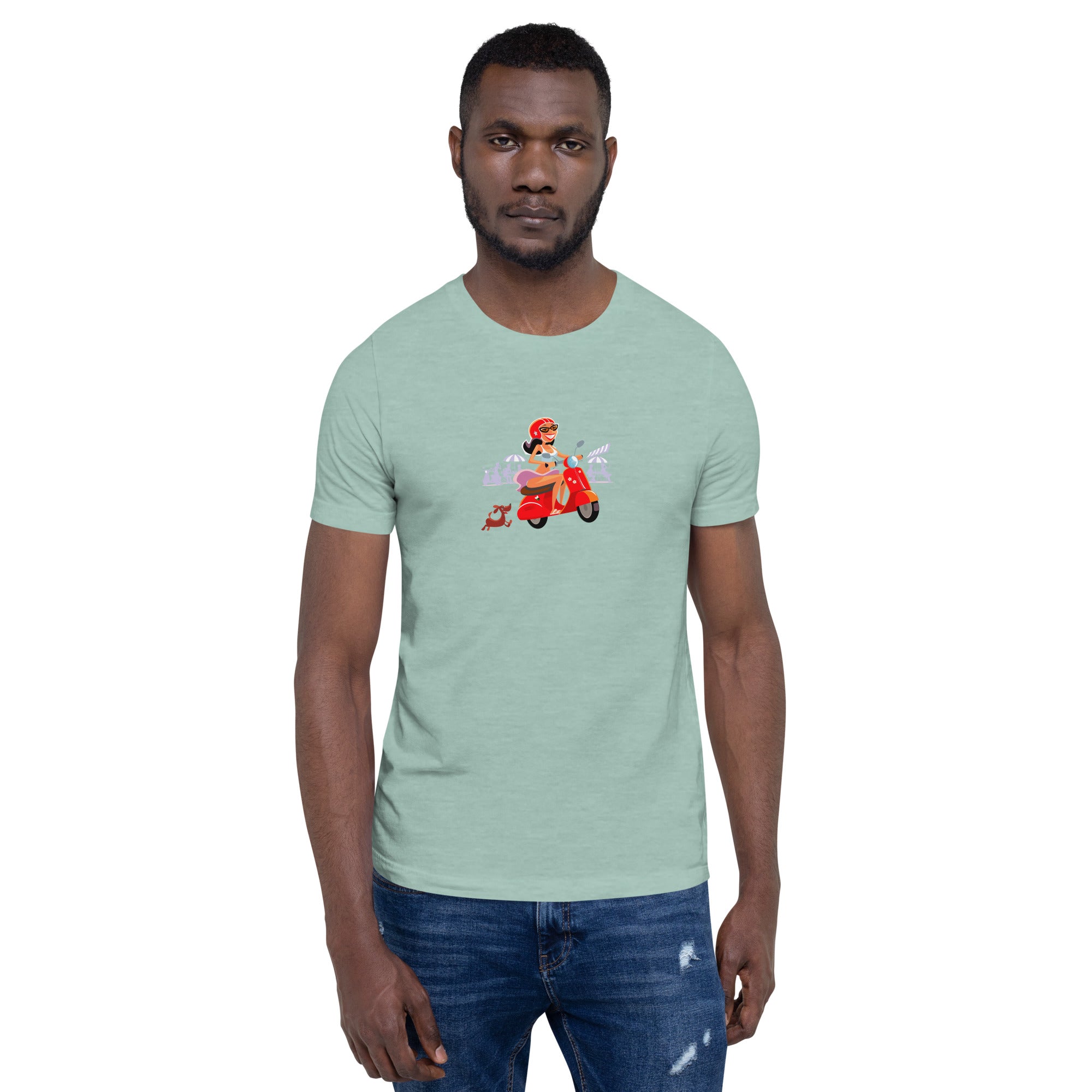 T-shirt en coton unisexe Vespa Girl in St Tropez sur couleurs chinées claires