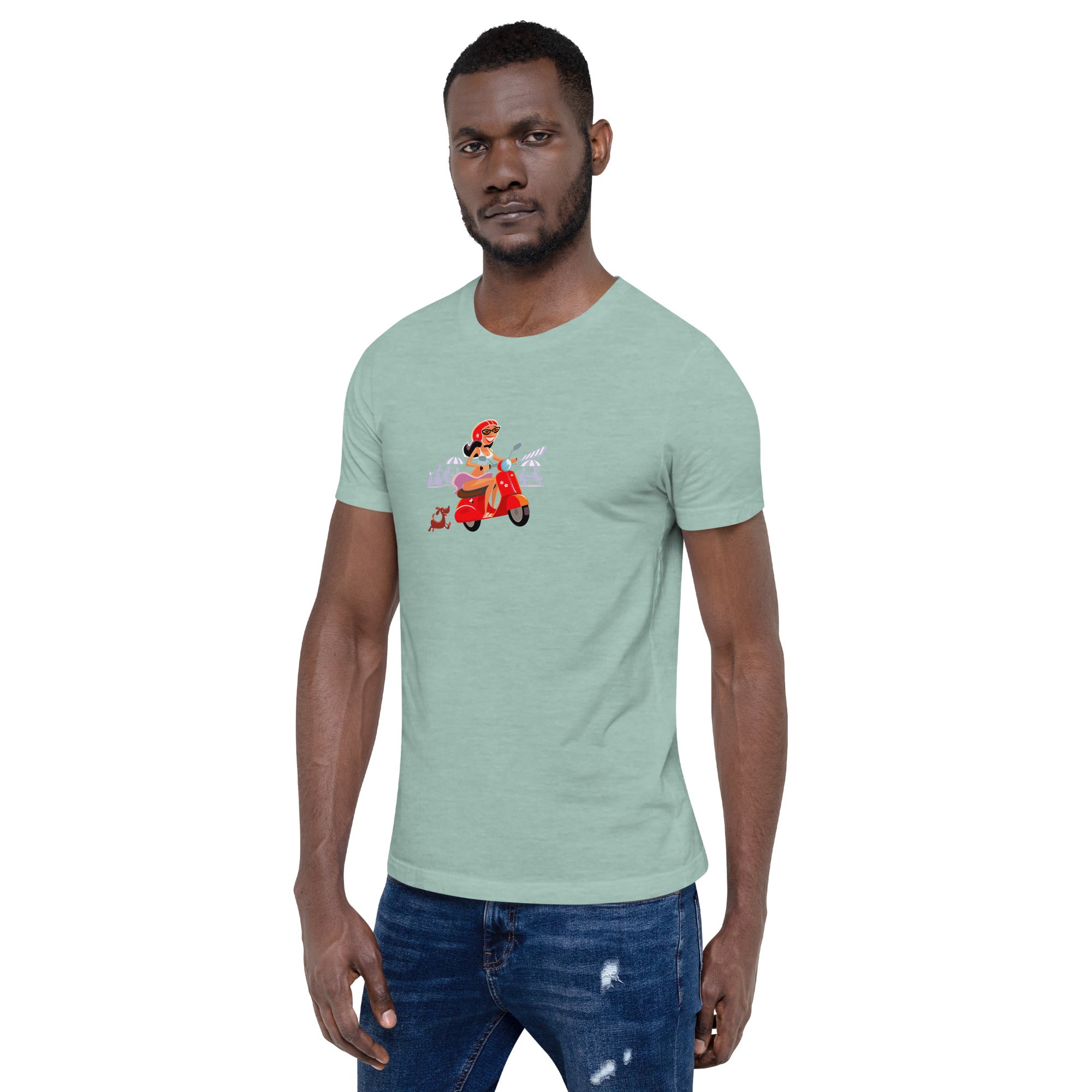 T-shirt en coton unisexe Vespa Girl in St Tropez sur couleurs chinées claires