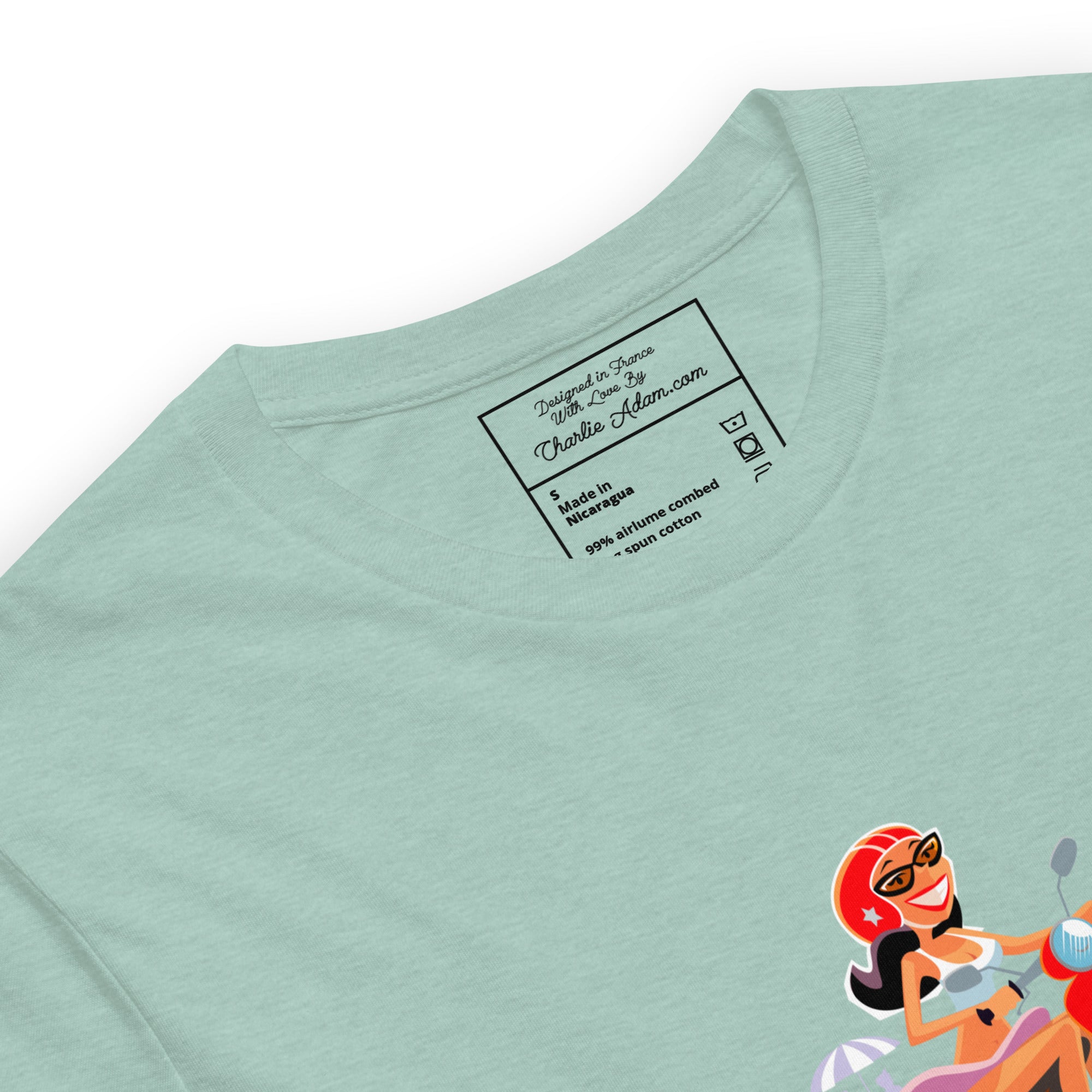 T-shirt en coton unisexe Vespa Girl in St Tropez sur couleurs chinées claires