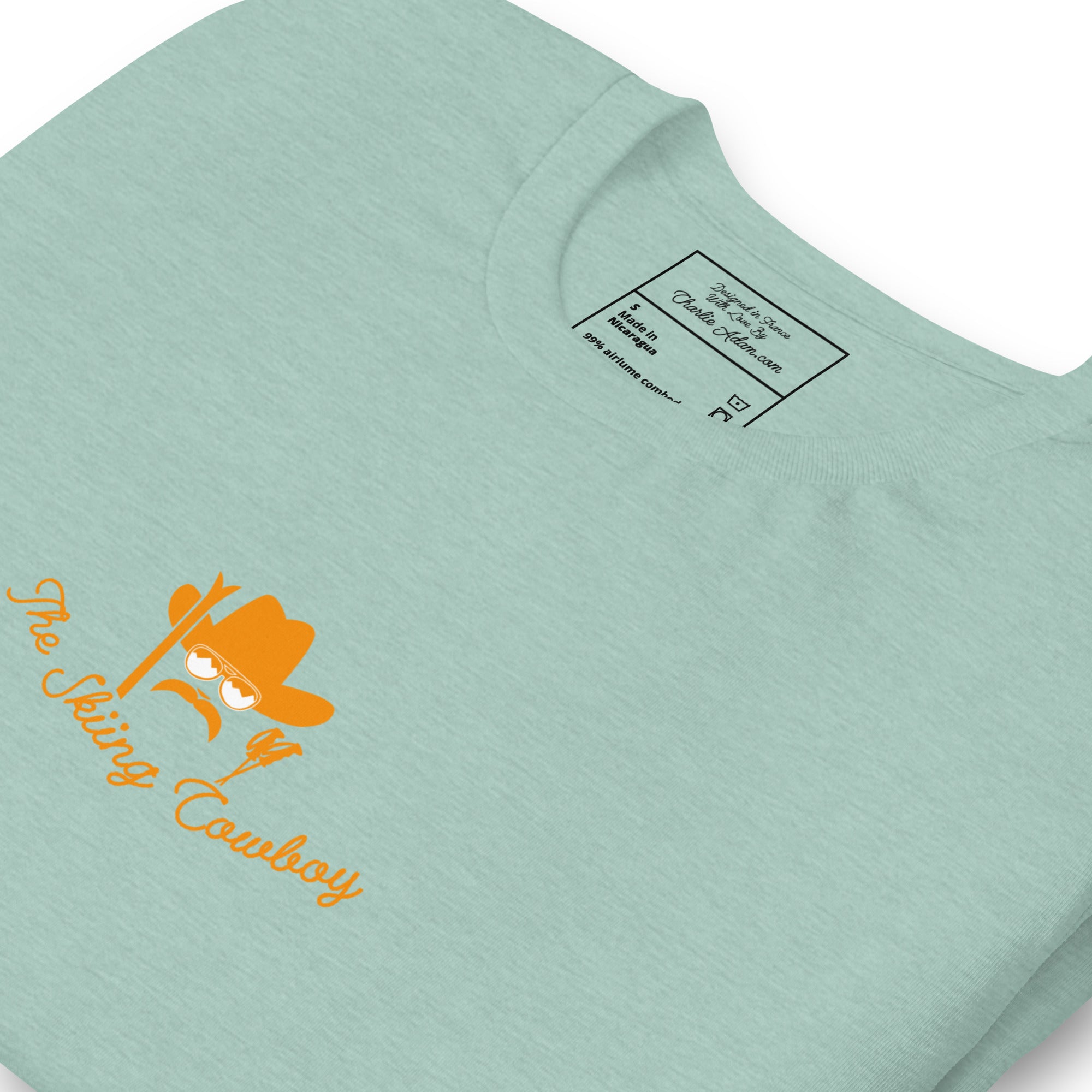 T-shirt en coton unisexe Skiing Cowboy (face) & Ski Fight at OK Corral Outline (dos) sur couleurs chinées claires