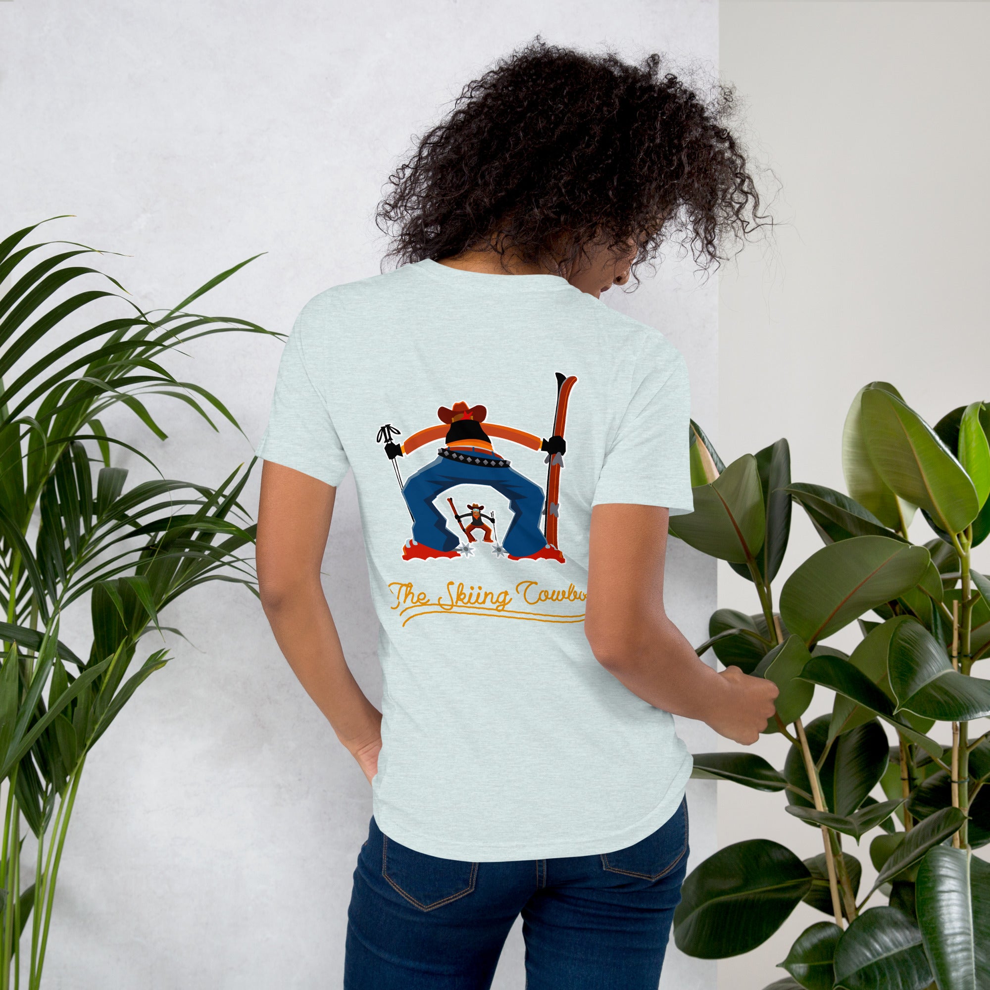 T-shirt en coton unisexe Skiing Cowboy (face) & Ski Fight at OK Corral Outline (dos) sur couleurs chinées claires
