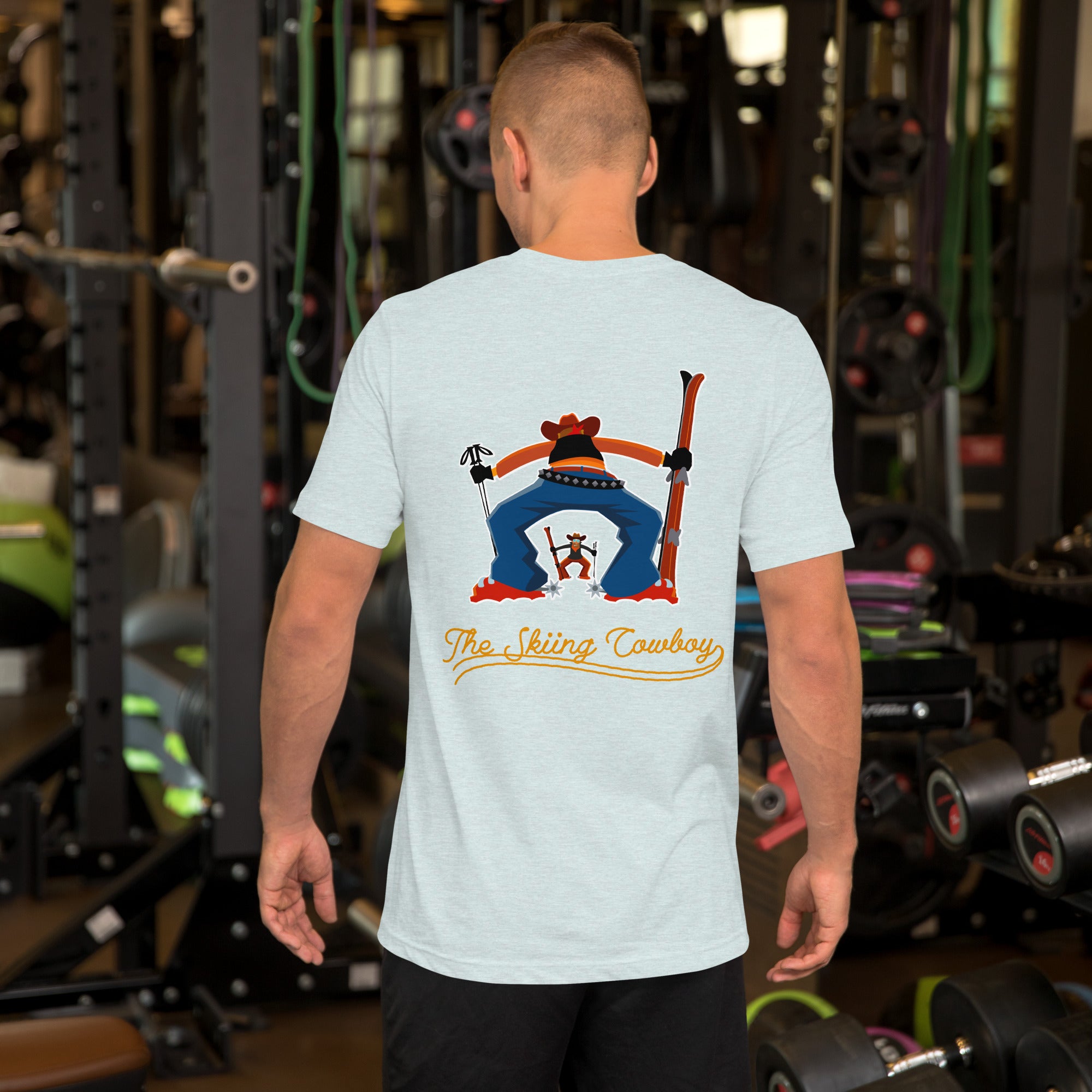 T-shirt en coton unisexe Skiing Cowboy (face) & Ski Fight at OK Corral Outline (dos) sur couleurs chinées claires
