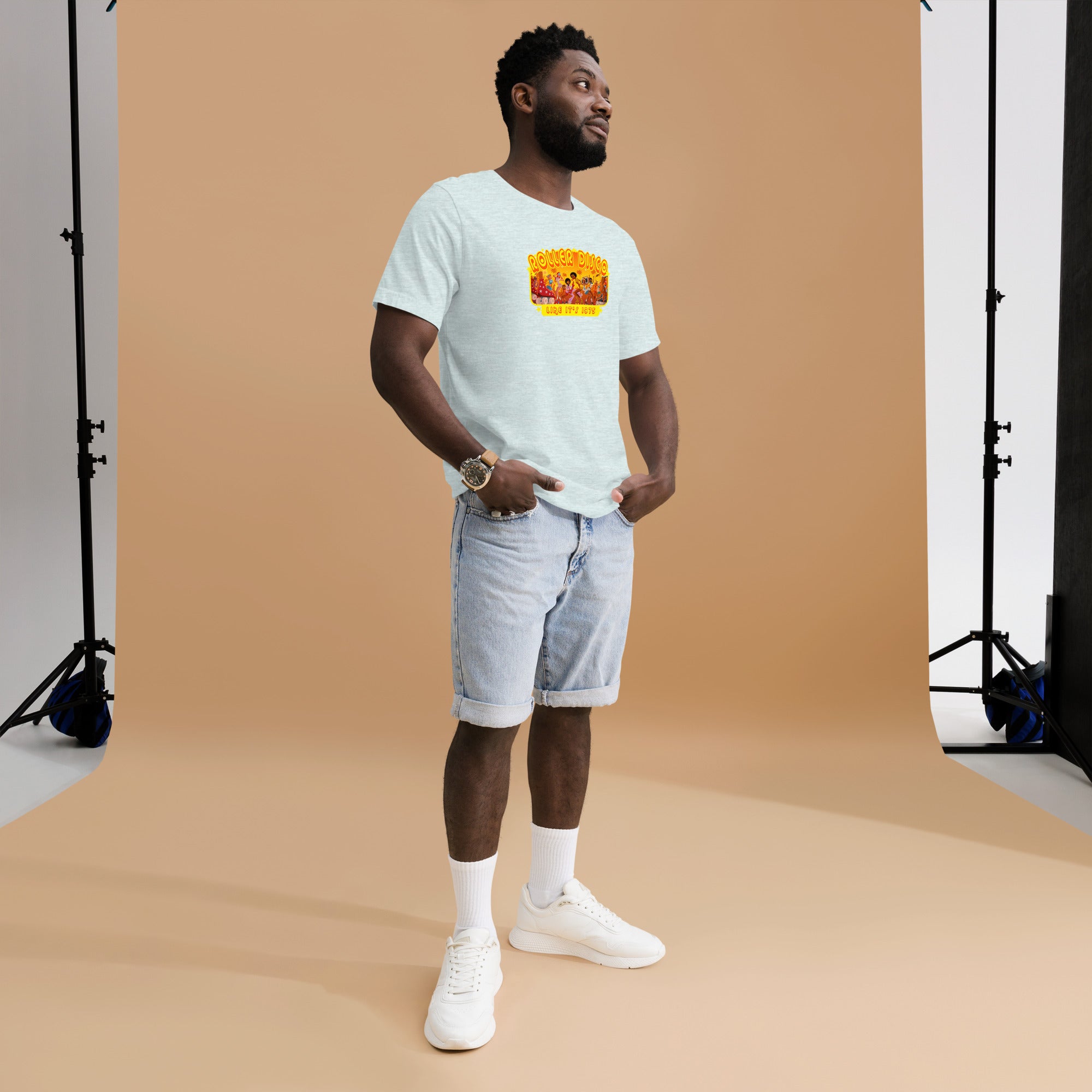 T-shirt en coton unisexe Roller Disco 1975 sur couleurs chinées claires