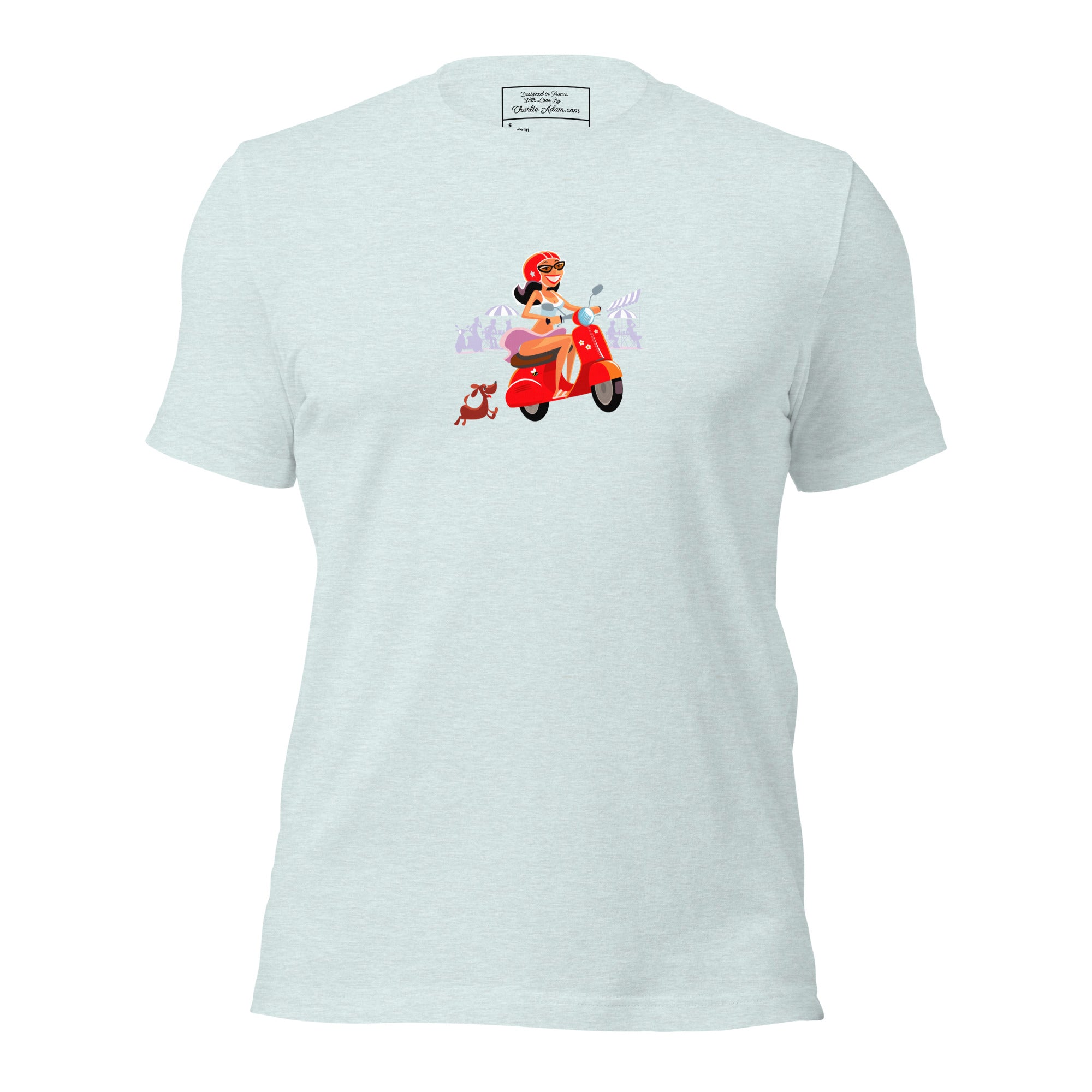 T-shirt en coton unisexe Vespa Girl in St Tropez sur couleurs chinées claires