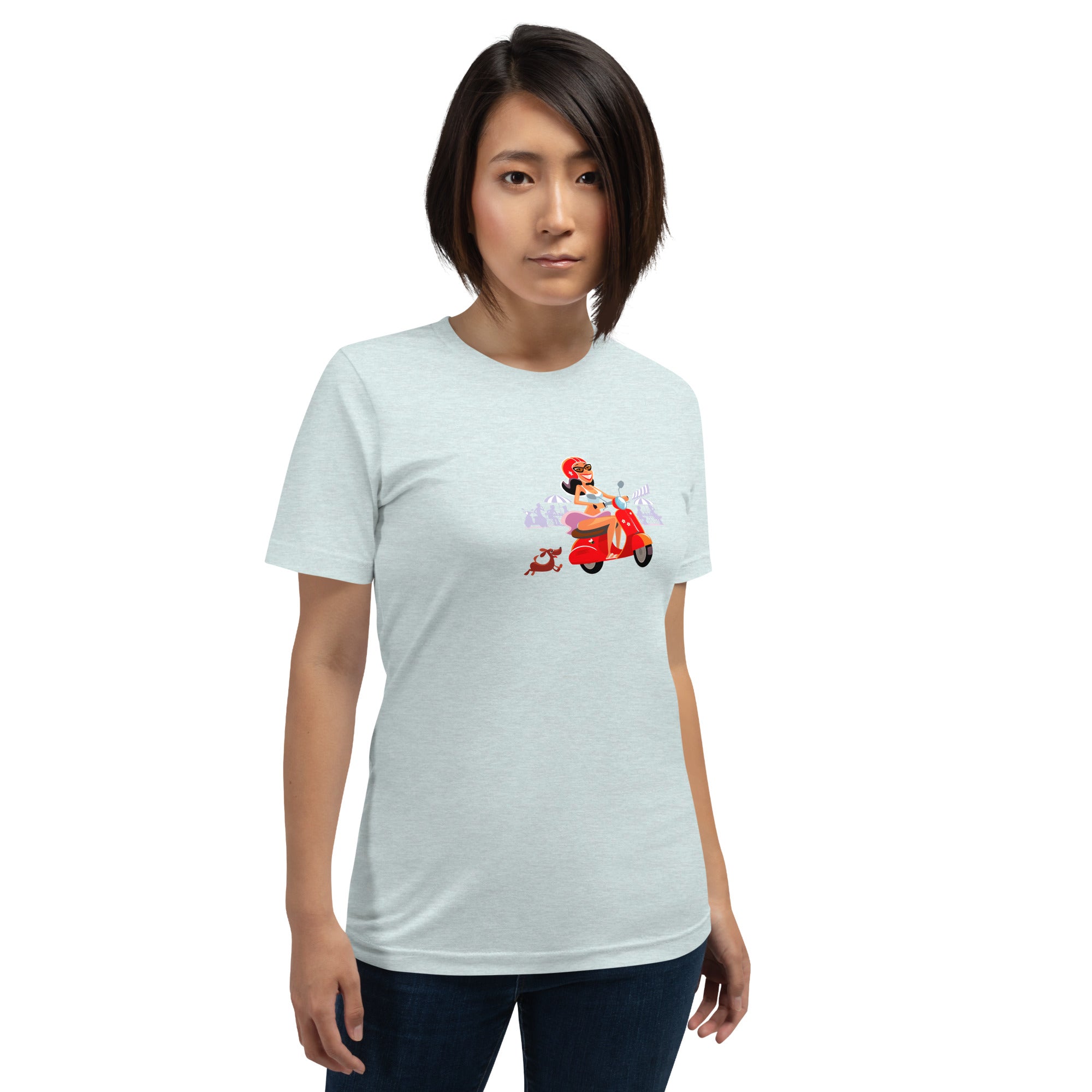 T-shirt en coton unisexe Vespa Girl in St Tropez sur couleurs chinées claires
