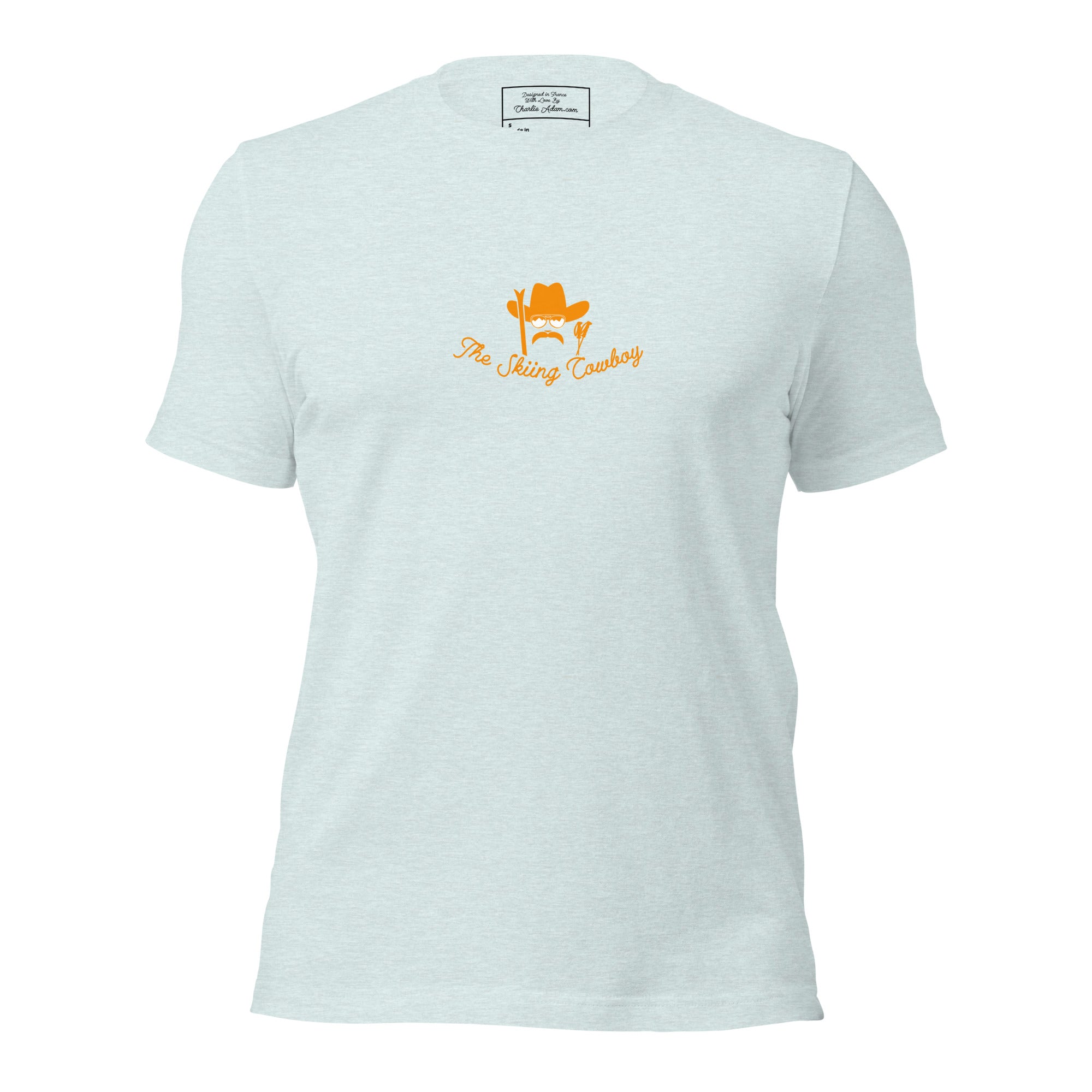 T-shirt en coton unisexe Skiing Cowboy (face) & Ski Fight at OK Corral Outline (dos) sur couleurs chinées claires
