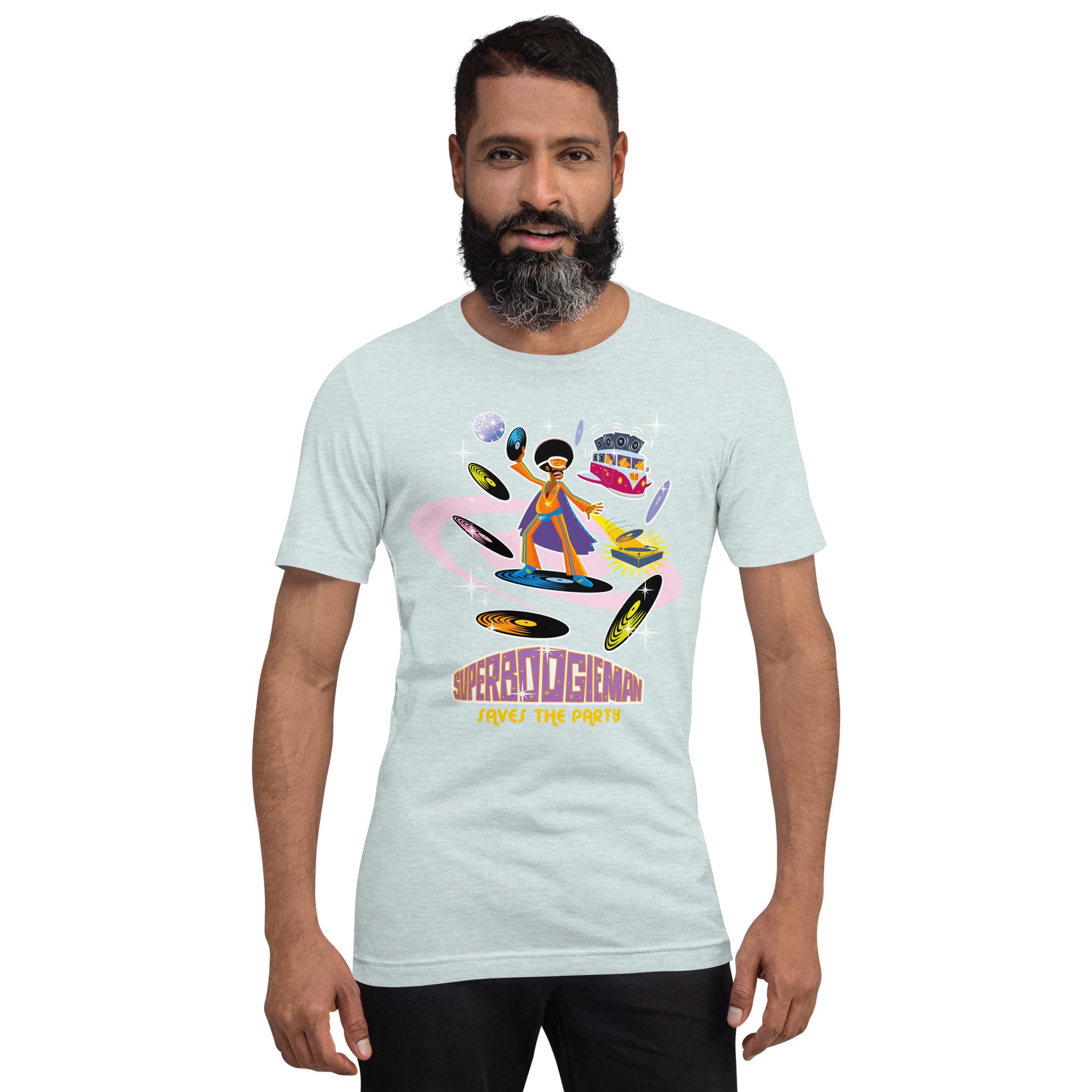 Unisex t-shirt Superboogieman saves the Party on light heather colors