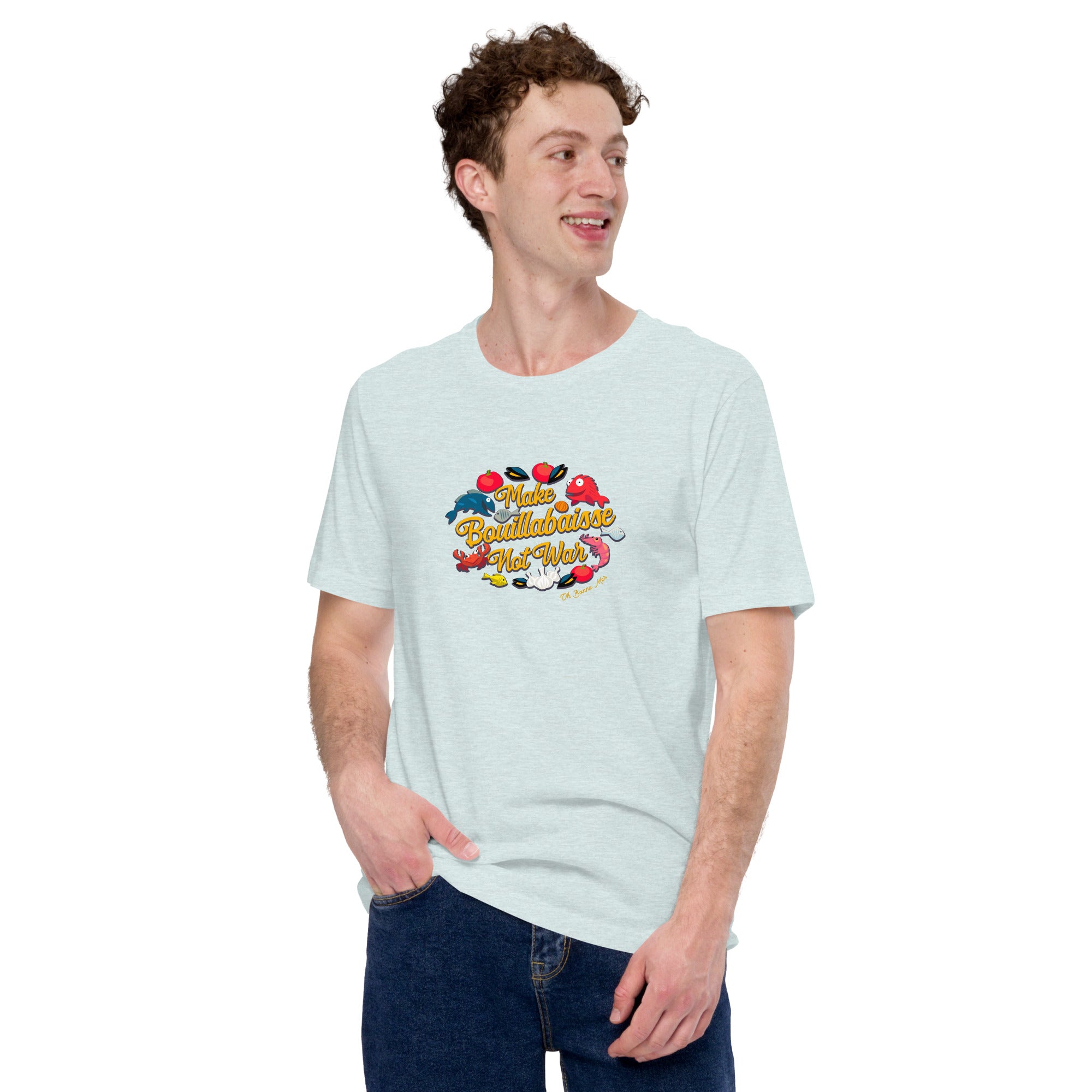 T-shirt en coton unisexe Make Bouillabaisse Not War sur couleurs chinées claires