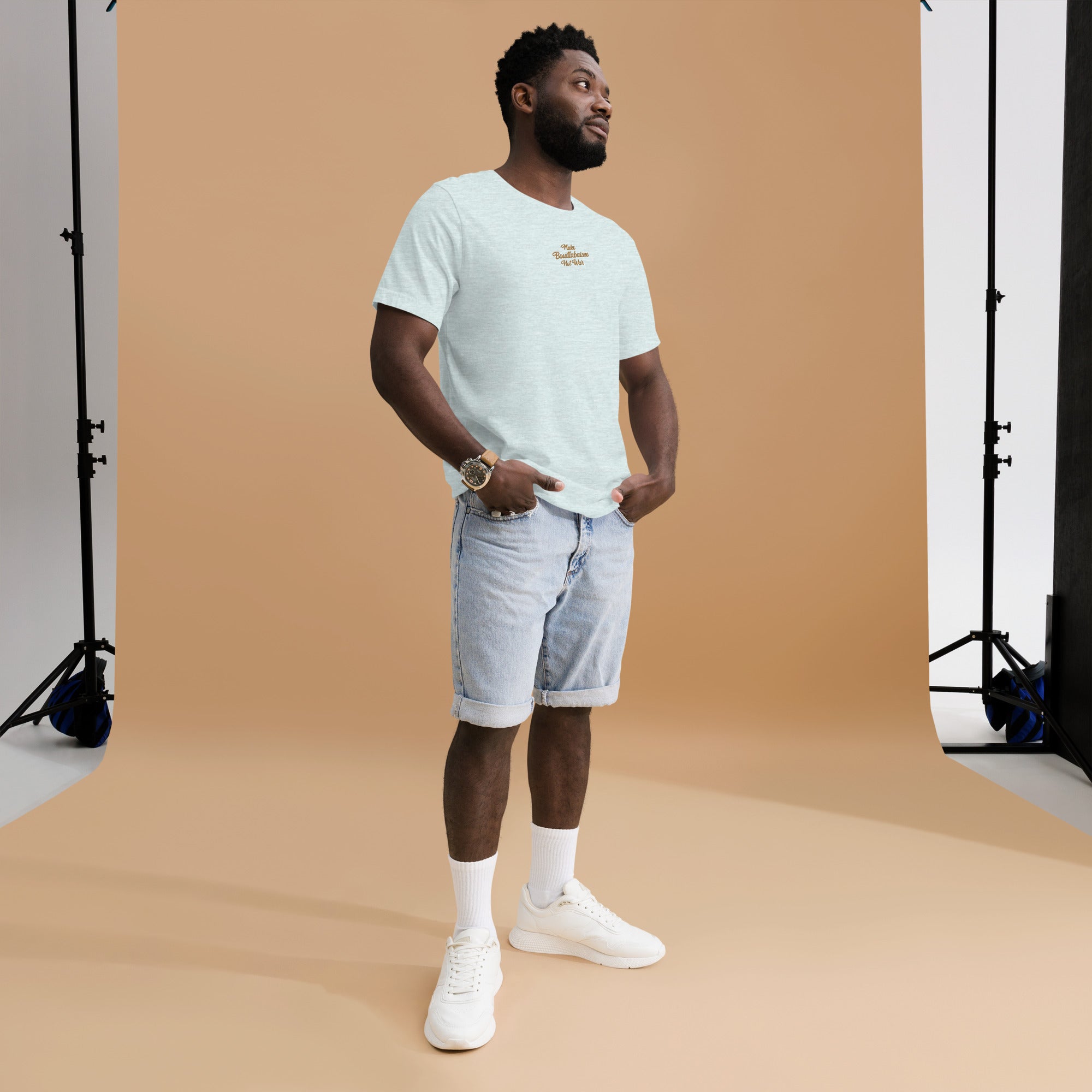 Unisex t-shirt Make Bouillabaisse Not War Text Only old gold embroidered pattern on light heather colors