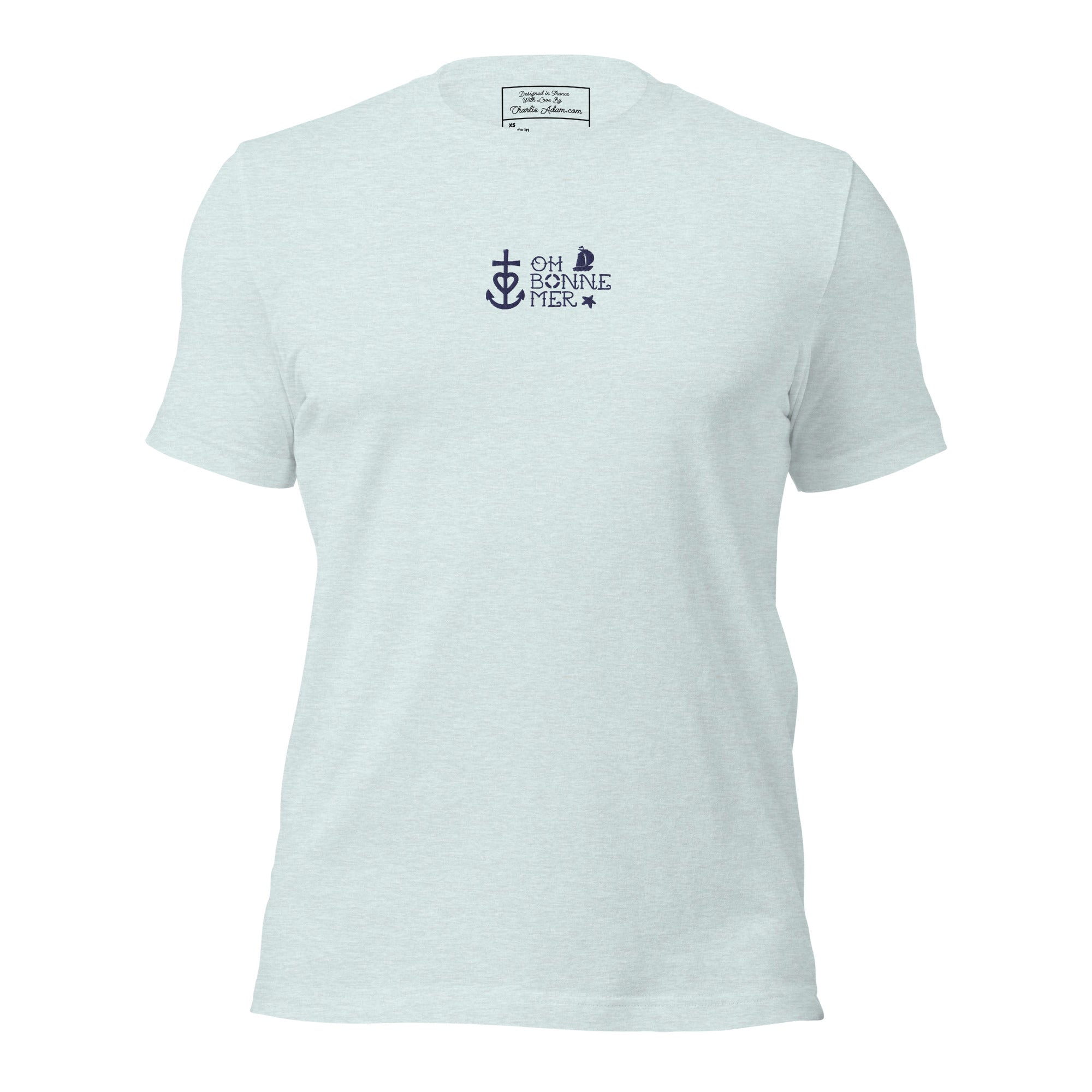 T-shirt en coton unisexe Oh Bonne Mer 2 navy brodé sur couleurs chinées claires