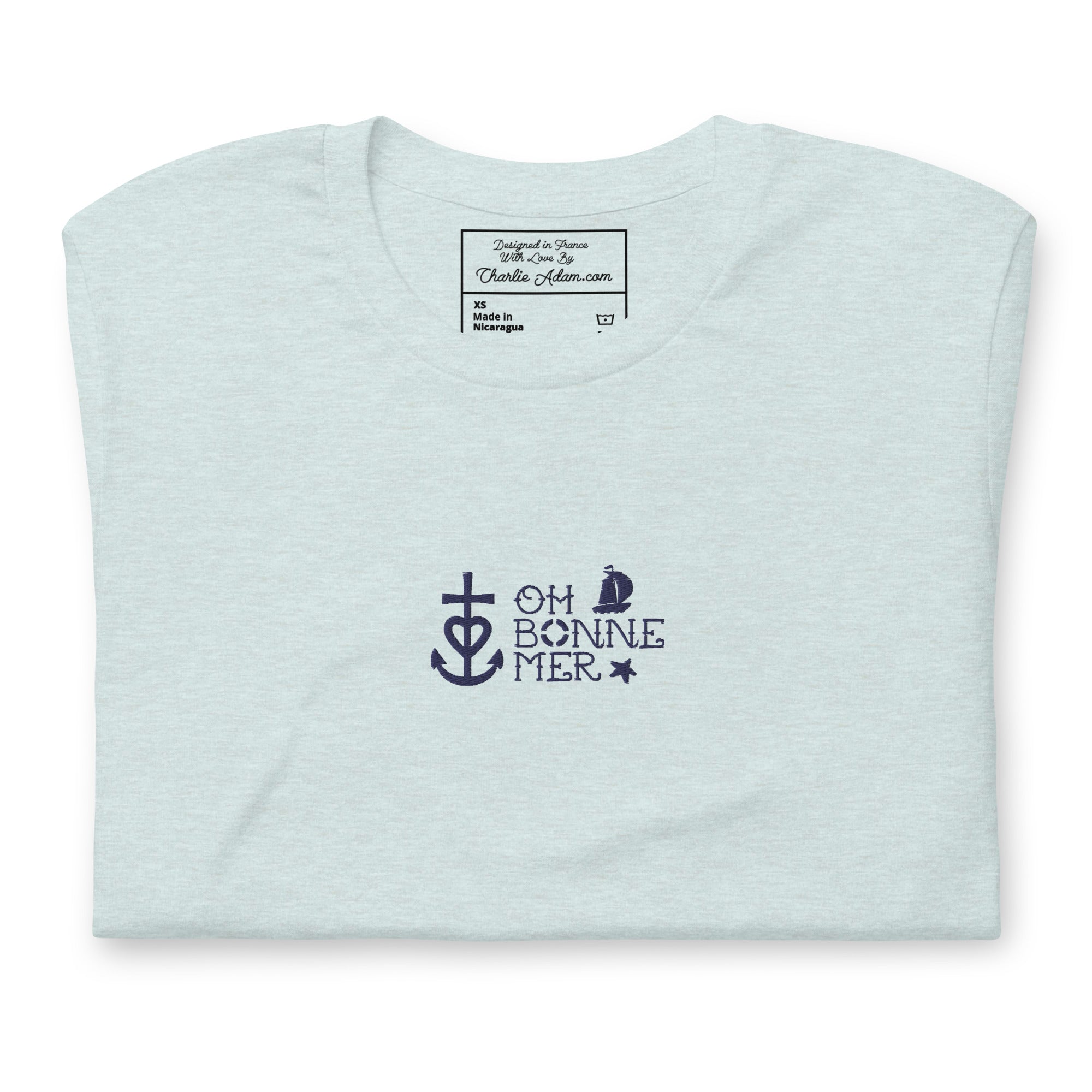 T-shirt en coton unisexe Oh Bonne Mer 2 navy brodé sur couleurs chinées claires