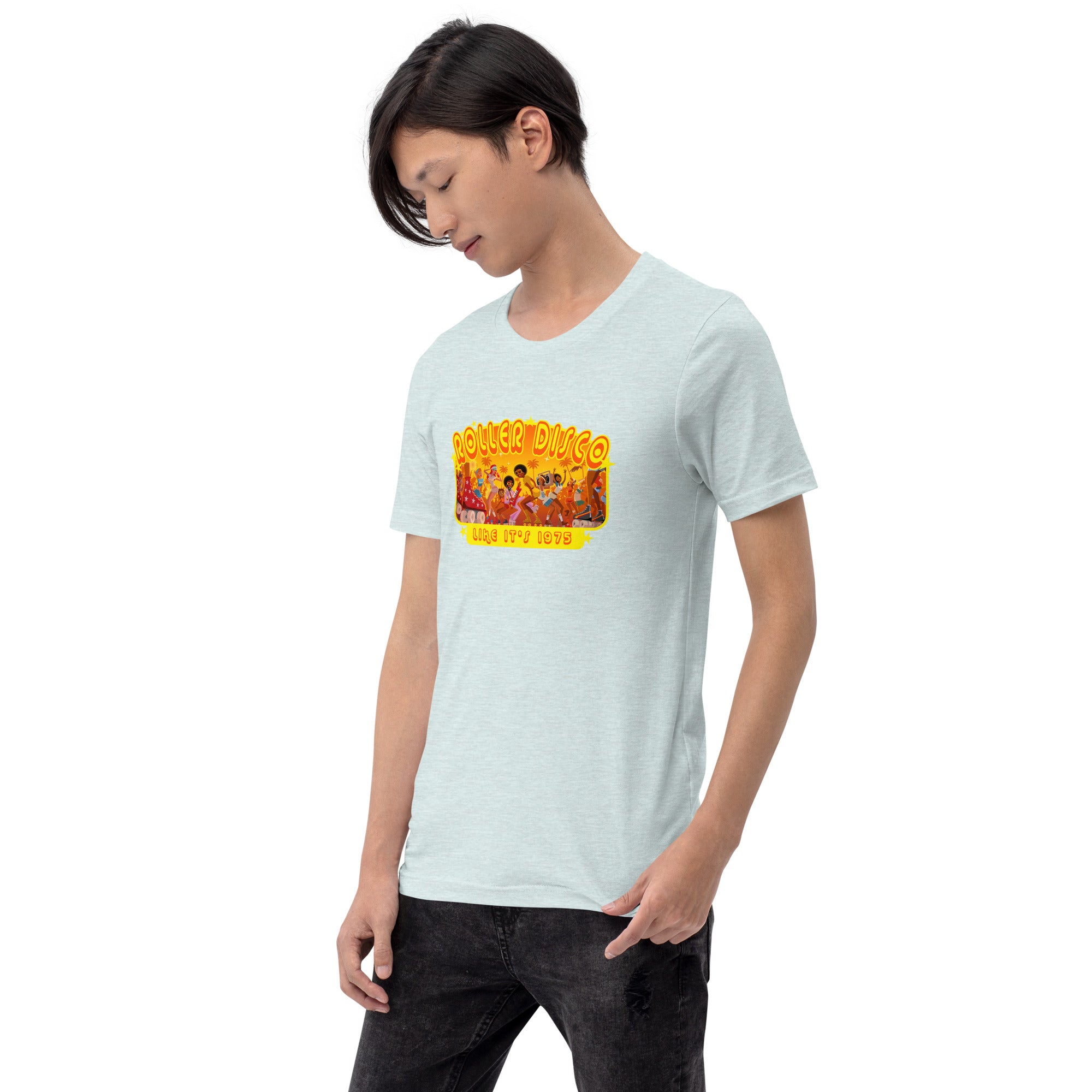 T-shirt en coton unisexe Roller Disco 1975 sur couleurs chinées claires