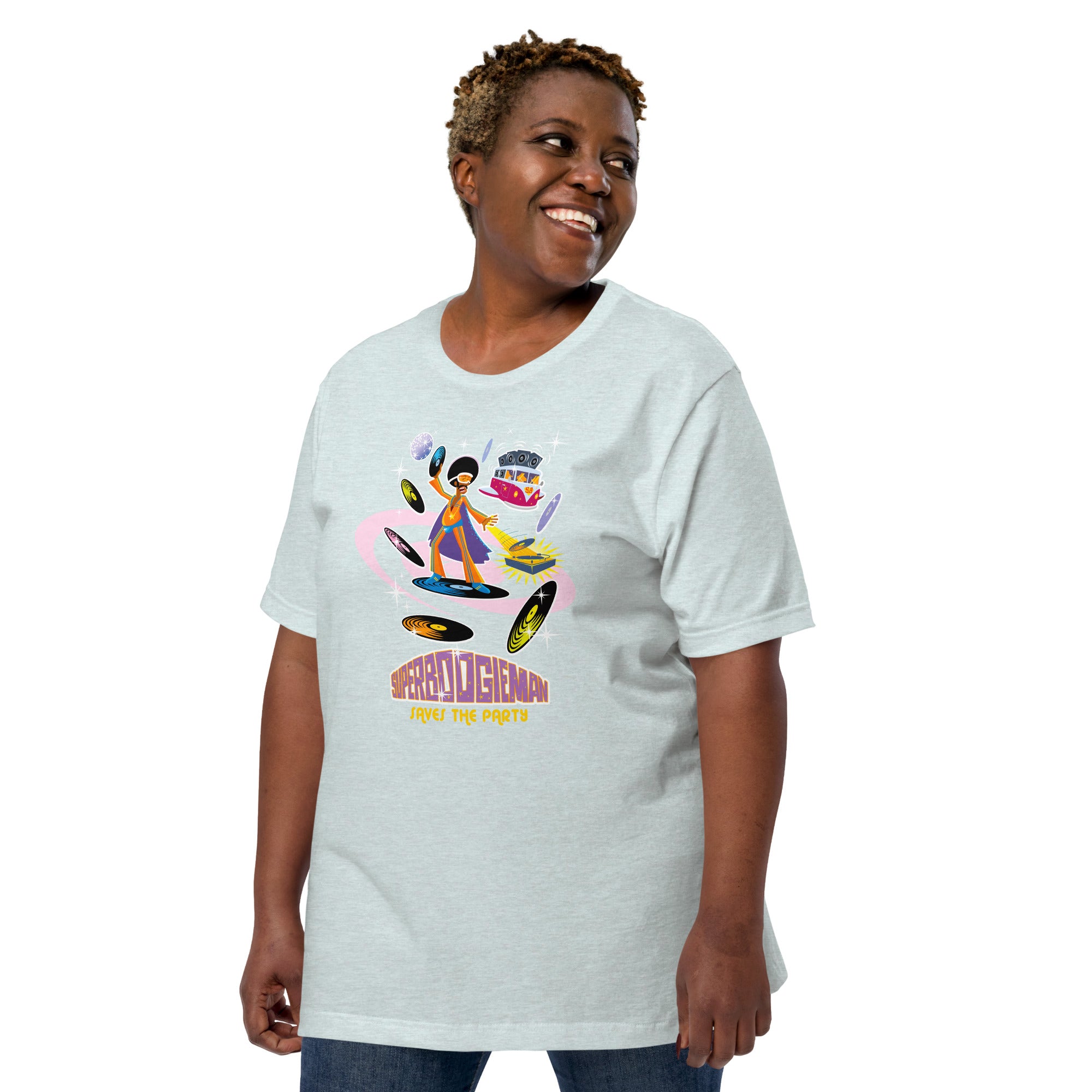 Unisex t-shirt Superboogieman saves the Party on light heather colors