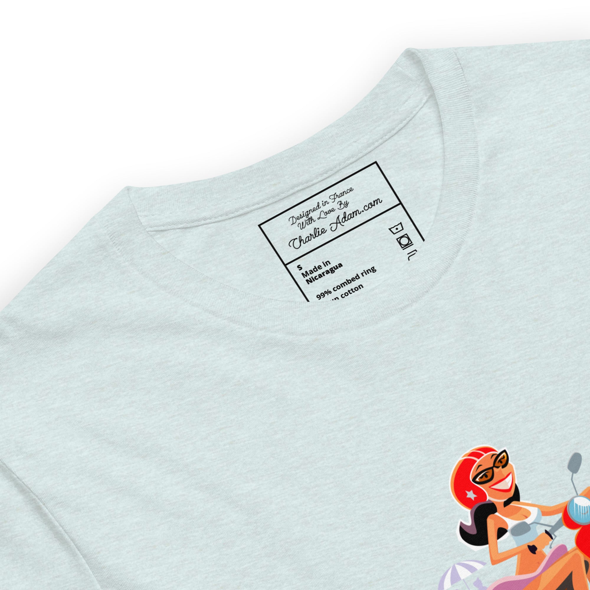 T-shirt en coton unisexe Vespa Girl in St Tropez sur couleurs chinées claires