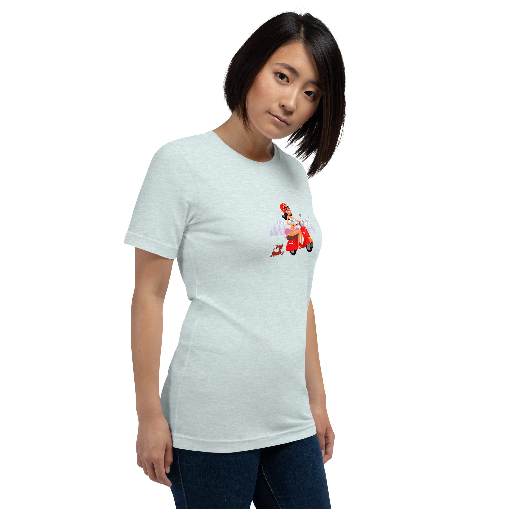 T-shirt en coton unisexe Vespa Girl in St Tropez sur couleurs chinées claires