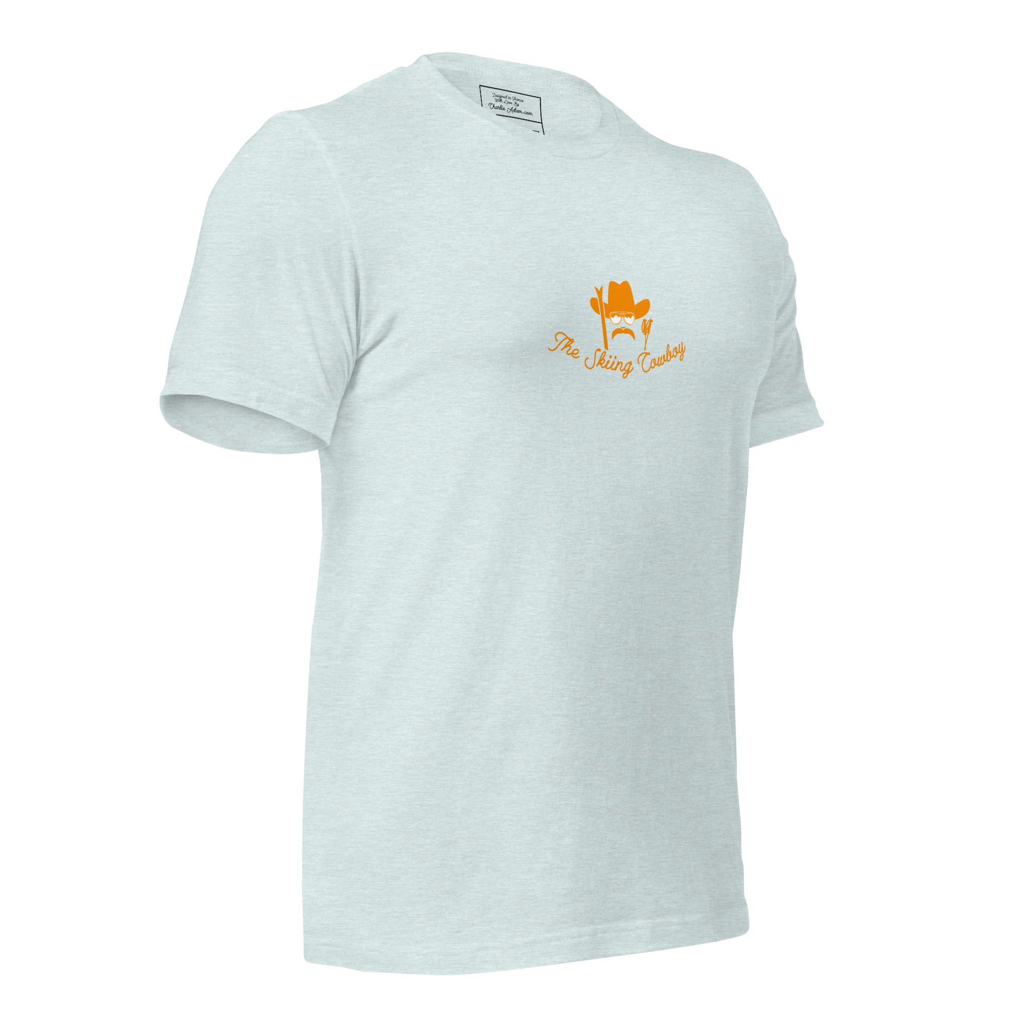 T-shirt en coton unisexe Skiing Cowboy (face) & Ski Fight at OK Corral Outline (dos) sur couleurs chinées claires