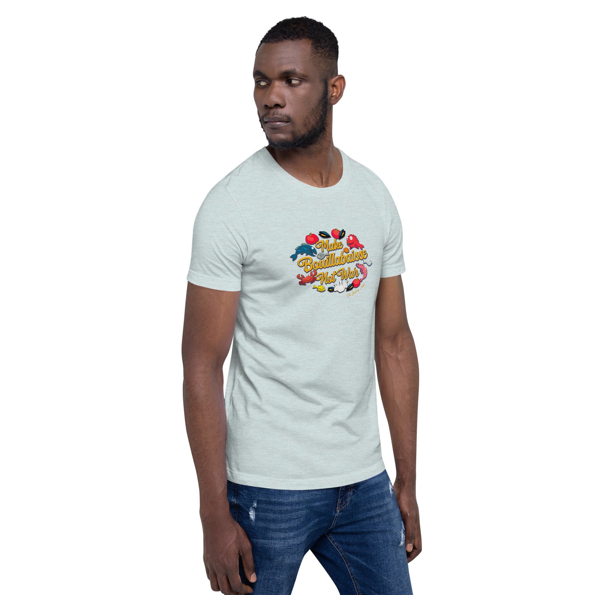 T-shirt en coton unisexe Make Bouillabaisse Not War sur couleurs chinées claires