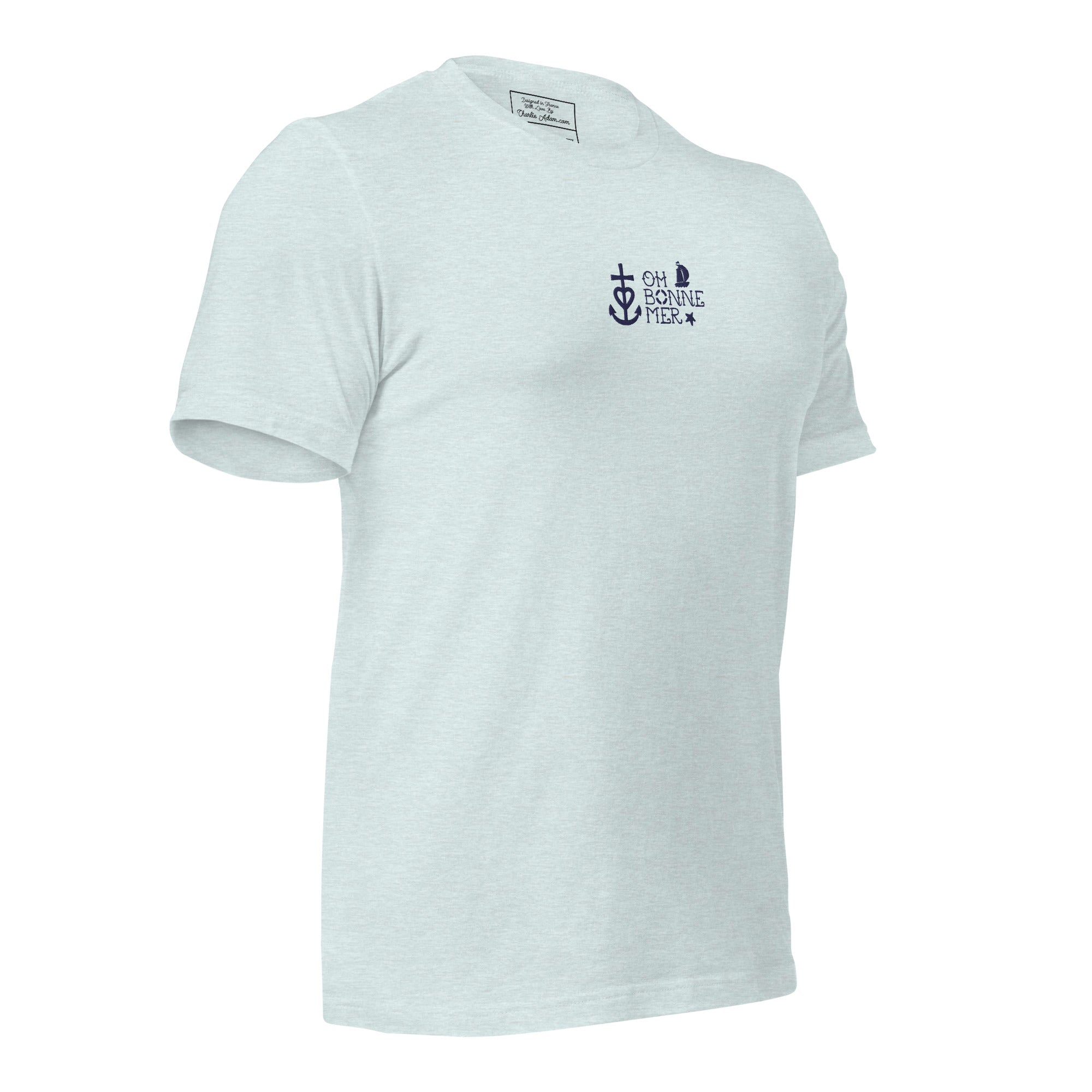 T-shirt en coton unisexe Oh Bonne Mer 2 navy brodé sur couleurs chinées claires