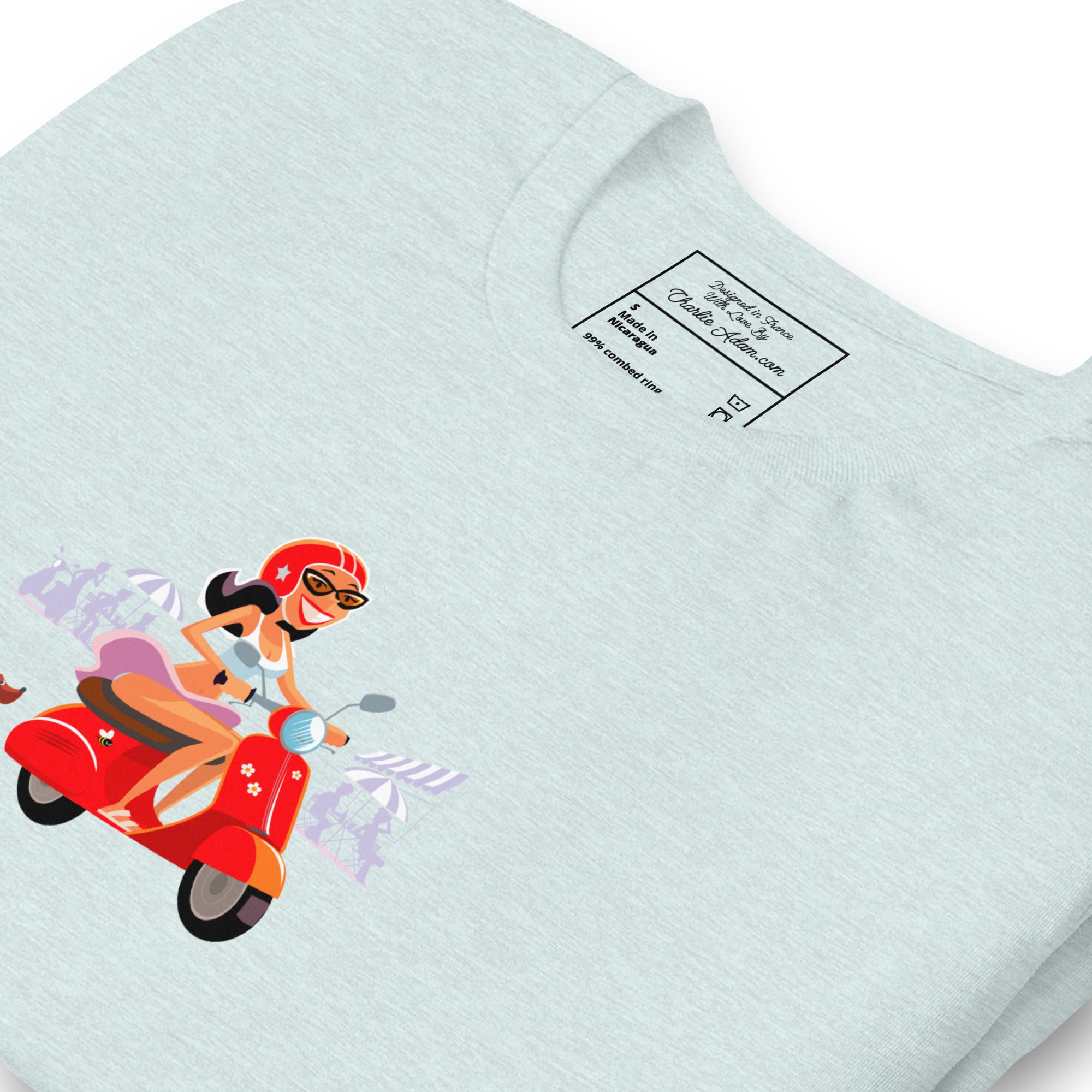 T-shirt en coton unisexe Vespa Girl in St Tropez sur couleurs chinées claires