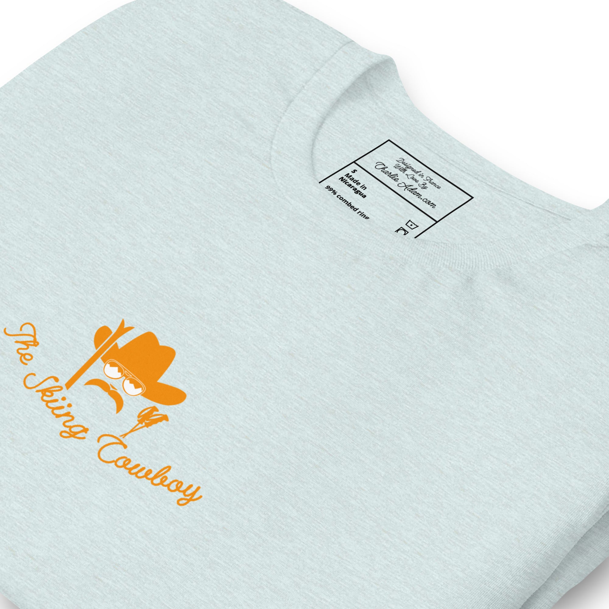 T-shirt en coton unisexe Skiing Cowboy (face) & Ski Fight at OK Corral Outline (dos) sur couleurs chinées claires