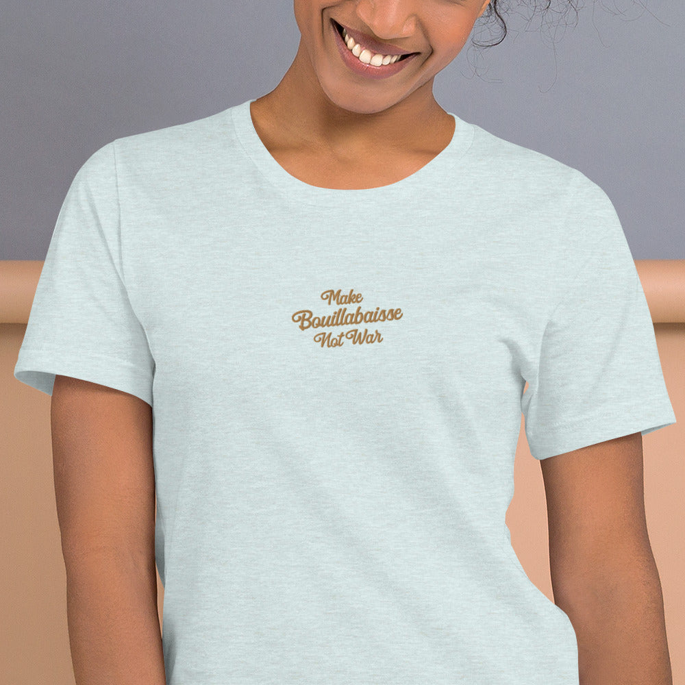 Unisex t-shirt Make Bouillabaisse Not War Text Only old gold embroidered pattern on light heather colors