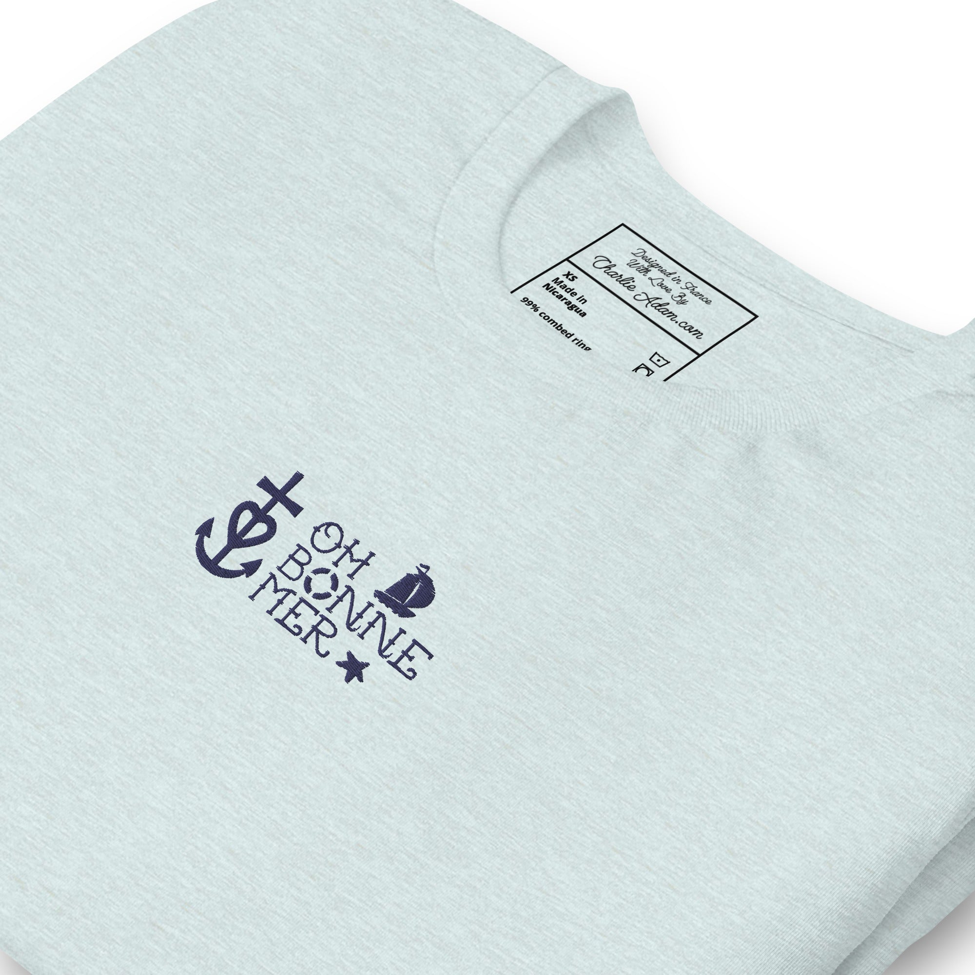T-shirt en coton unisexe Oh Bonne Mer 2 navy brodé sur couleurs chinées claires