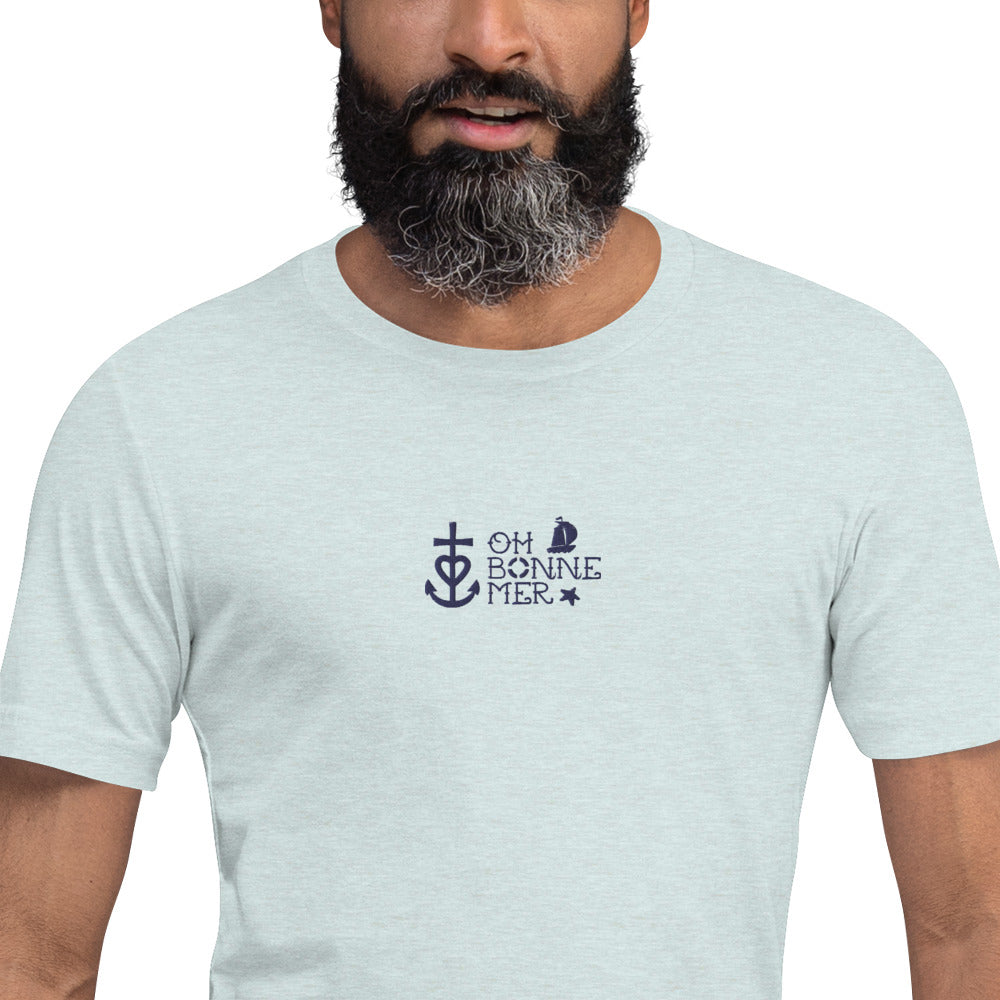 T-shirt en coton unisexe Oh Bonne Mer 2 navy brodé sur couleurs chinées claires