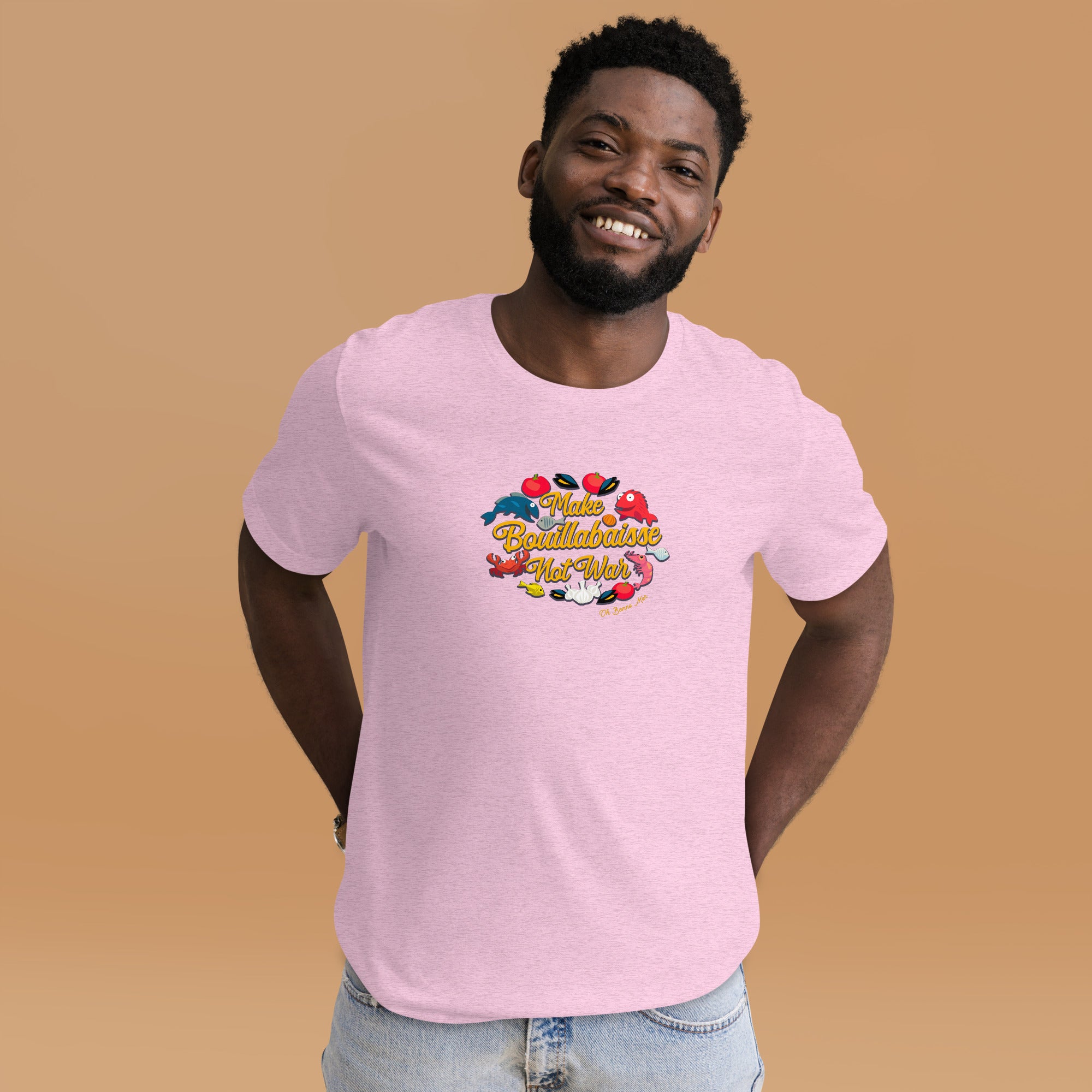 T-shirt en coton unisexe Make Bouillabaisse Not War sur couleurs chinées claires