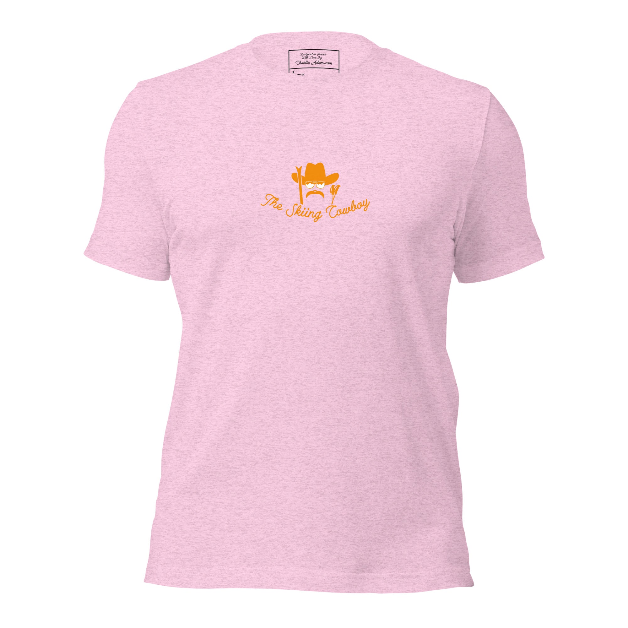T-shirt en coton unisexe Skiing Cowboy (face) & Ski Fight at OK Corral Outline (dos) sur couleurs chinées claires