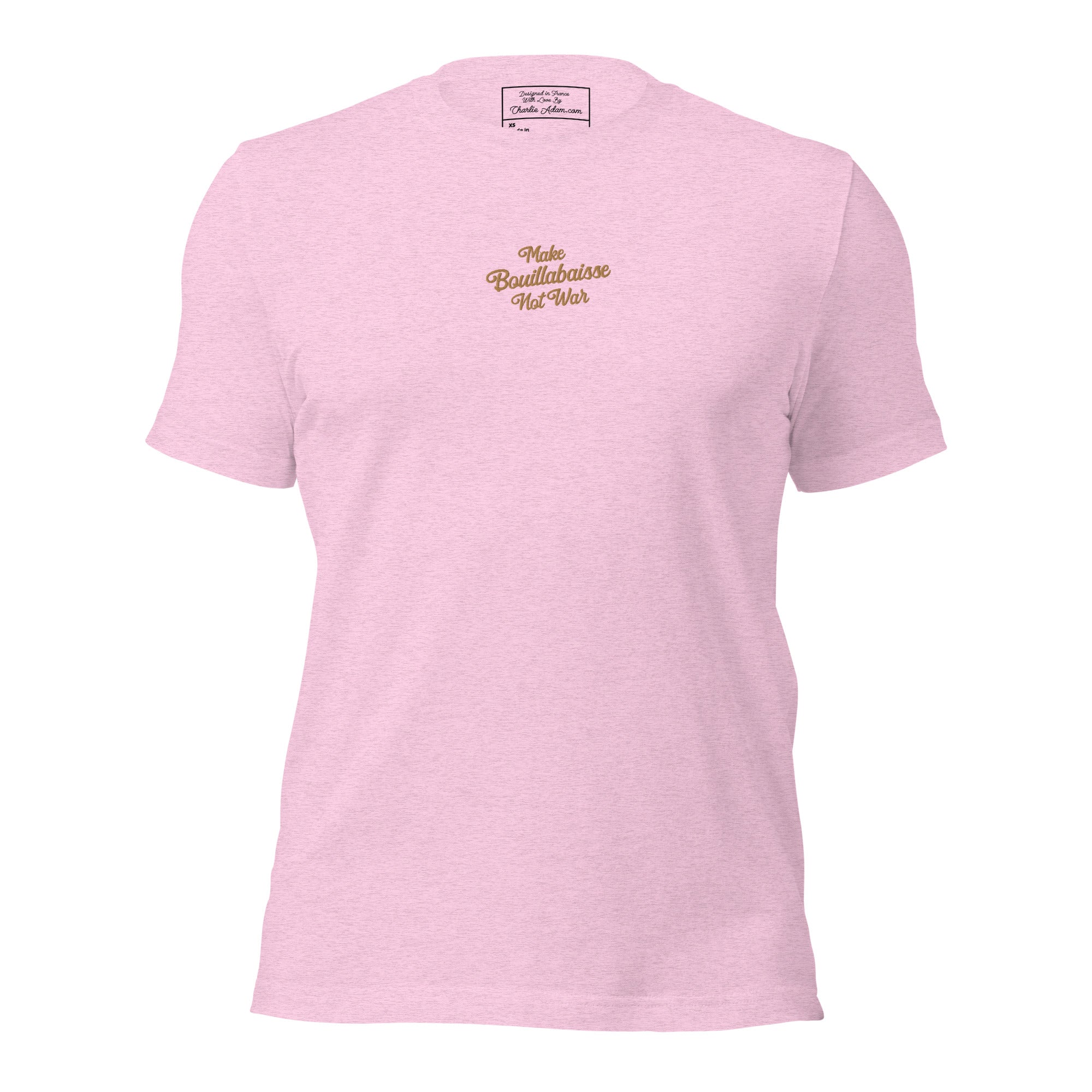 Unisex t-shirt Make Bouillabaisse Not War Text Only old gold embroidered pattern on light heather colors